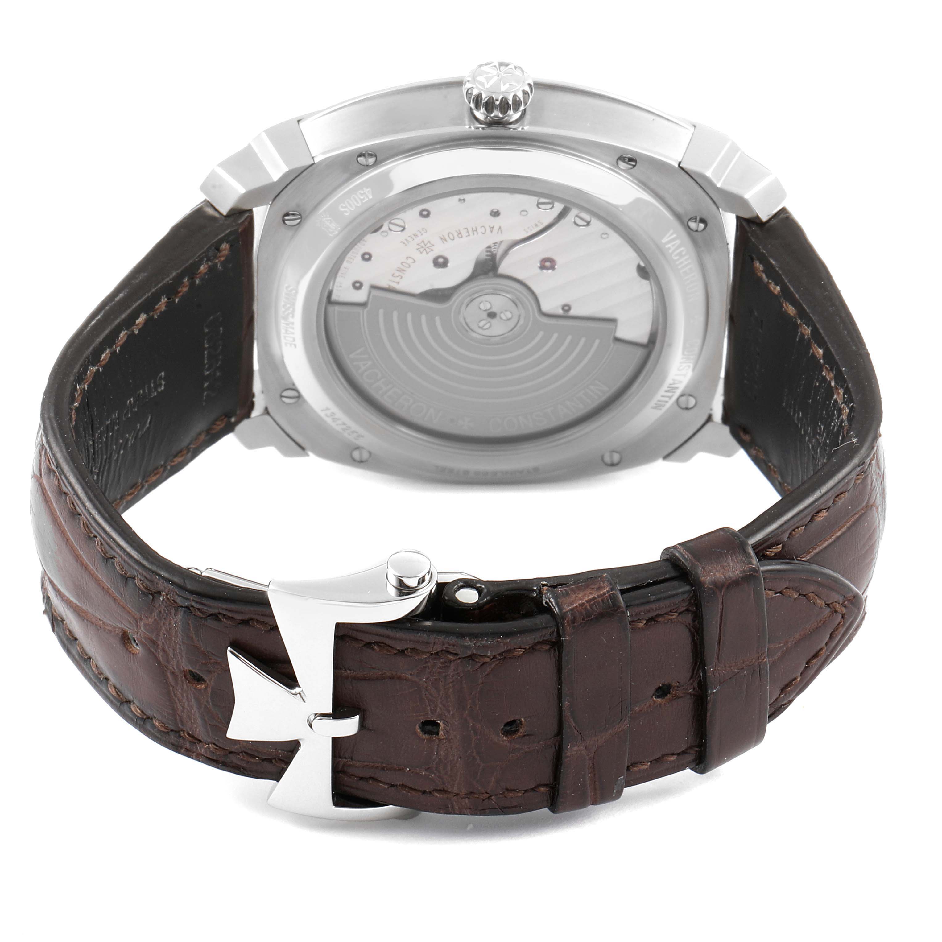 This image shows the back view of the Vacheron Constantin Quai de Lile 4500S/000A-B195 Men's Stainless Steel Silver Dial 4500S/000A-B195 Men's Stainless Steel Silver Dial watch with a detailed look at the leather strap and clasp.