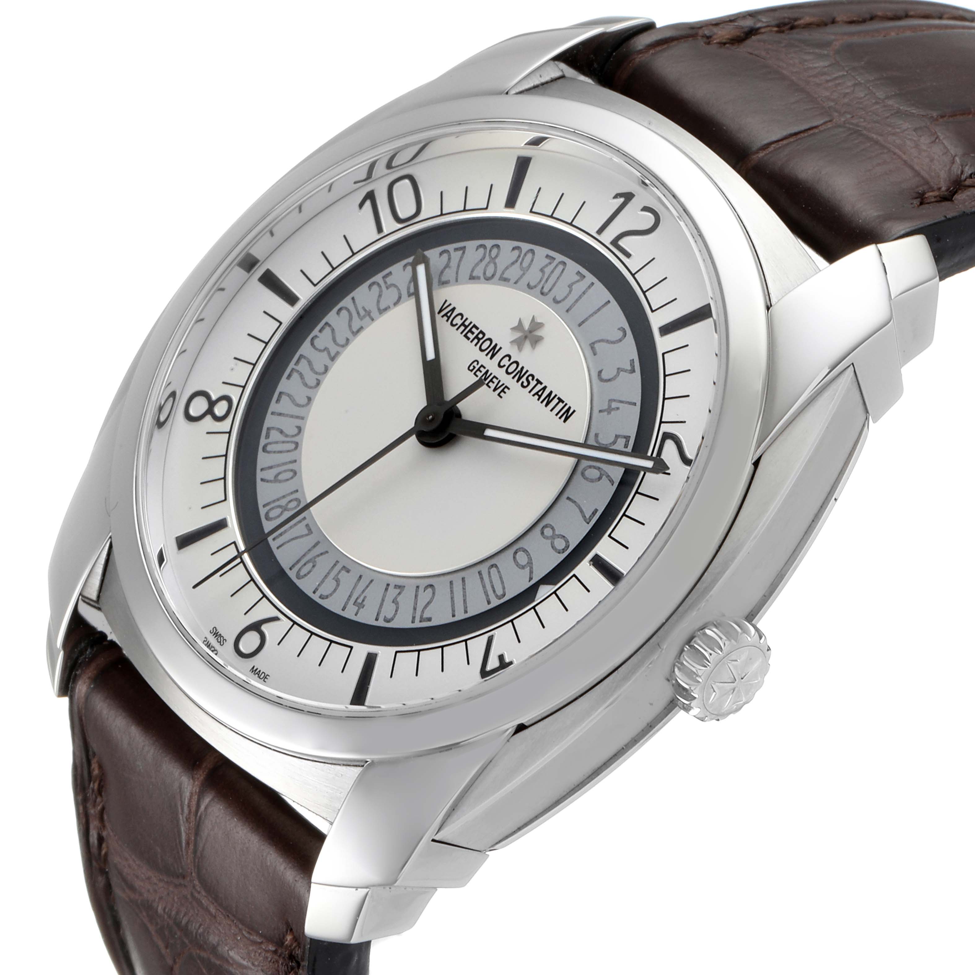 The image shows a close-up of the Vacheron Constantin Quai de L'Ile watch, displaying the dial, case, and part of the leather strap at an angle.