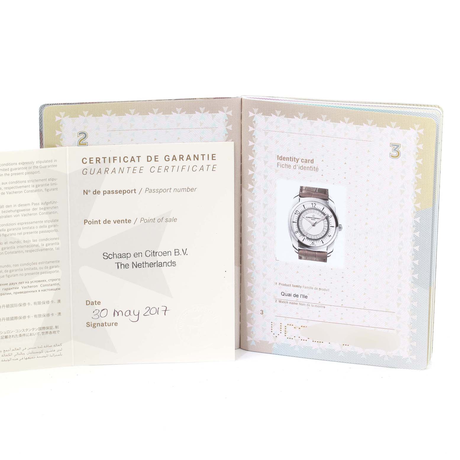 The image shows the guarantee certificate and identity card for a Vacheron Constantin Quai de L’Ile watch.