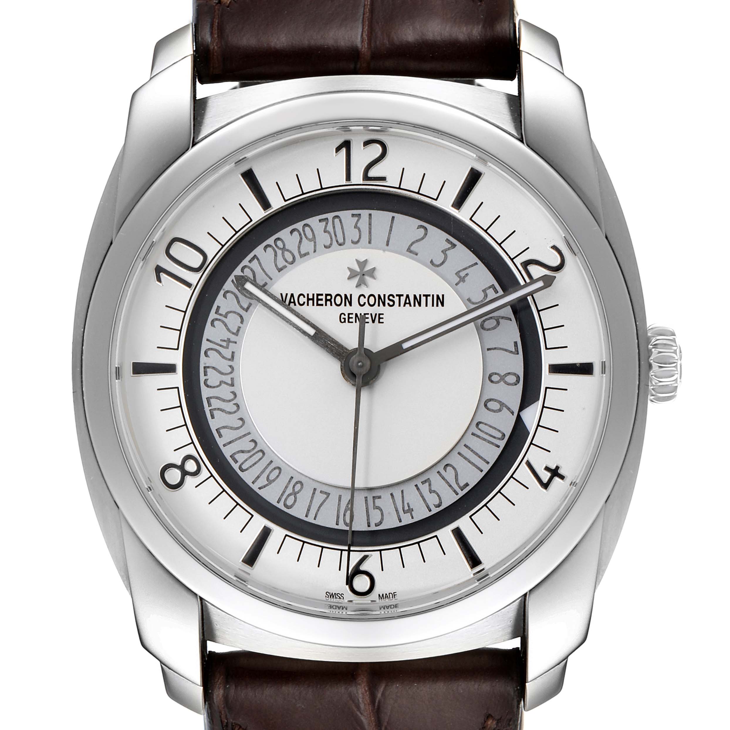 This is a front view of the Vacheron Constantin Quai de L'Ile watch, showcasing the dial, hands, case, and part of the leather strap.