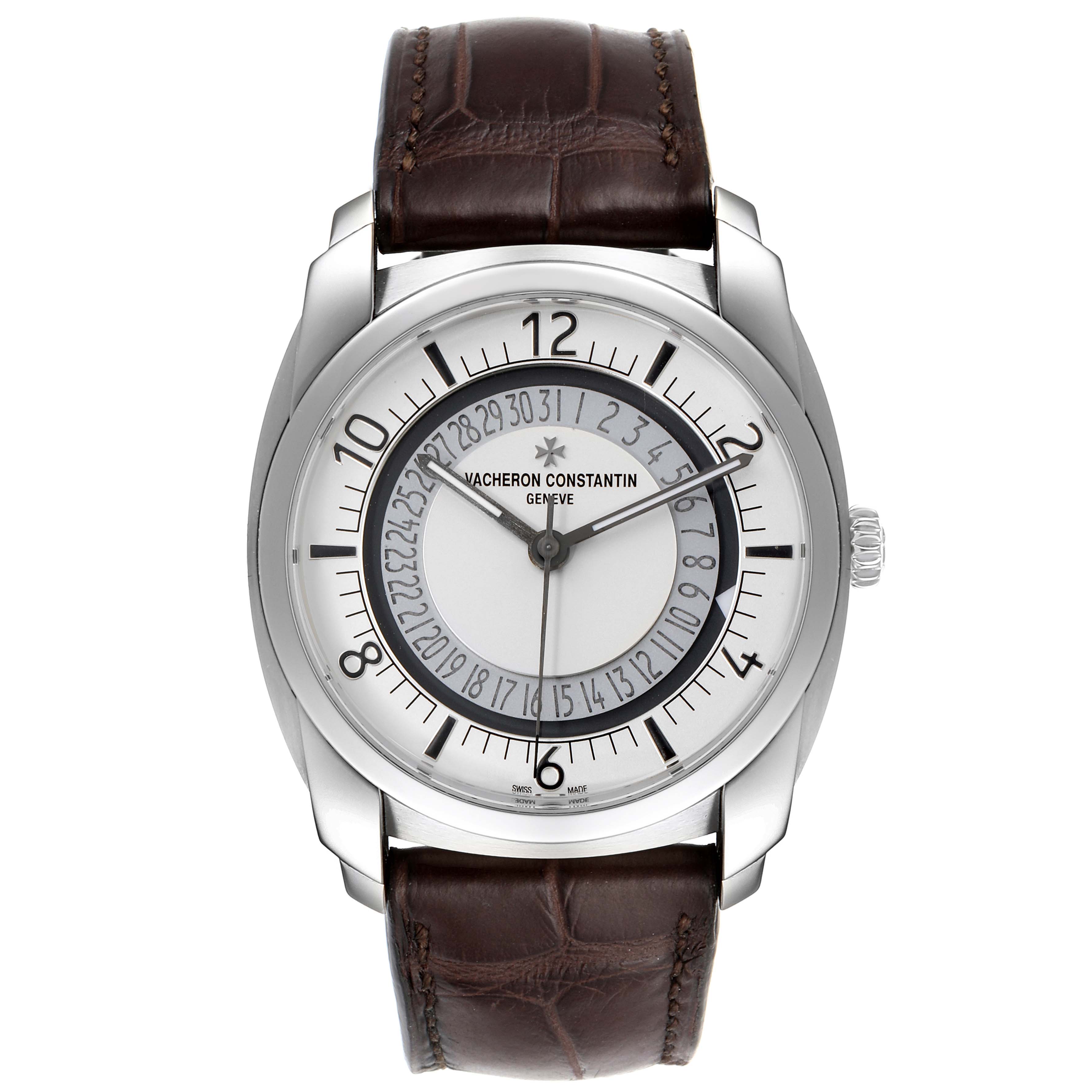 The Vacheron Constantin Quai de Lile 4500S/000A-B195 Men's Stainless Steel Silver Dial 4500S/000A-B195 Men's Stainless Steel Silver Dial watch is shown from a front angle, featuring its dial, hands, case, and brown leather strap.