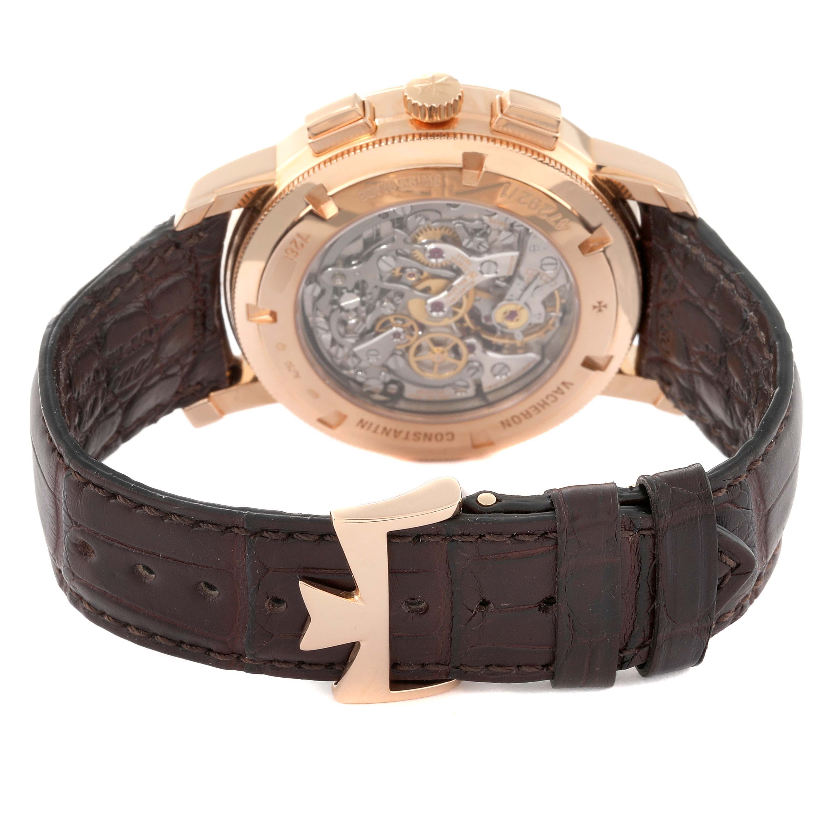 The image shows the back view of a Vacheron Constantin Traditionnelle 47292/000R-9392 Men
s Rose Gold Silver Dial 47292/000R-9392 Men
s Rose Gold Silver Dial watch, highlighting the open case back and leather strap.