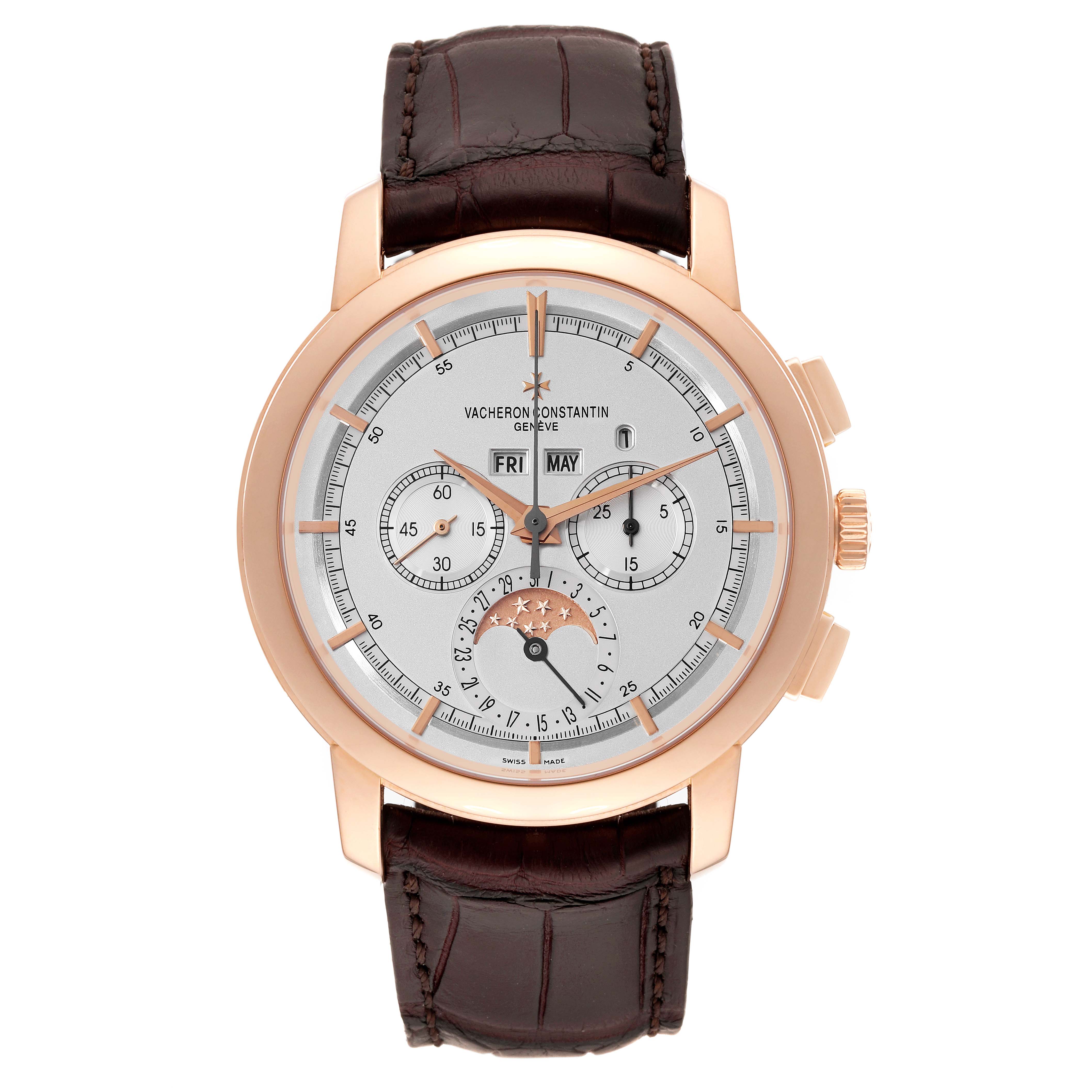The Vacheron Constantin Traditionnelle 47292/000R-9392 Men
s Rose Gold Silver Dial 47292/000R-9392 Men
s Rose Gold Silver Dial watch is shown from a front angle, highlighting its face, hands, subdials, and leather strap.