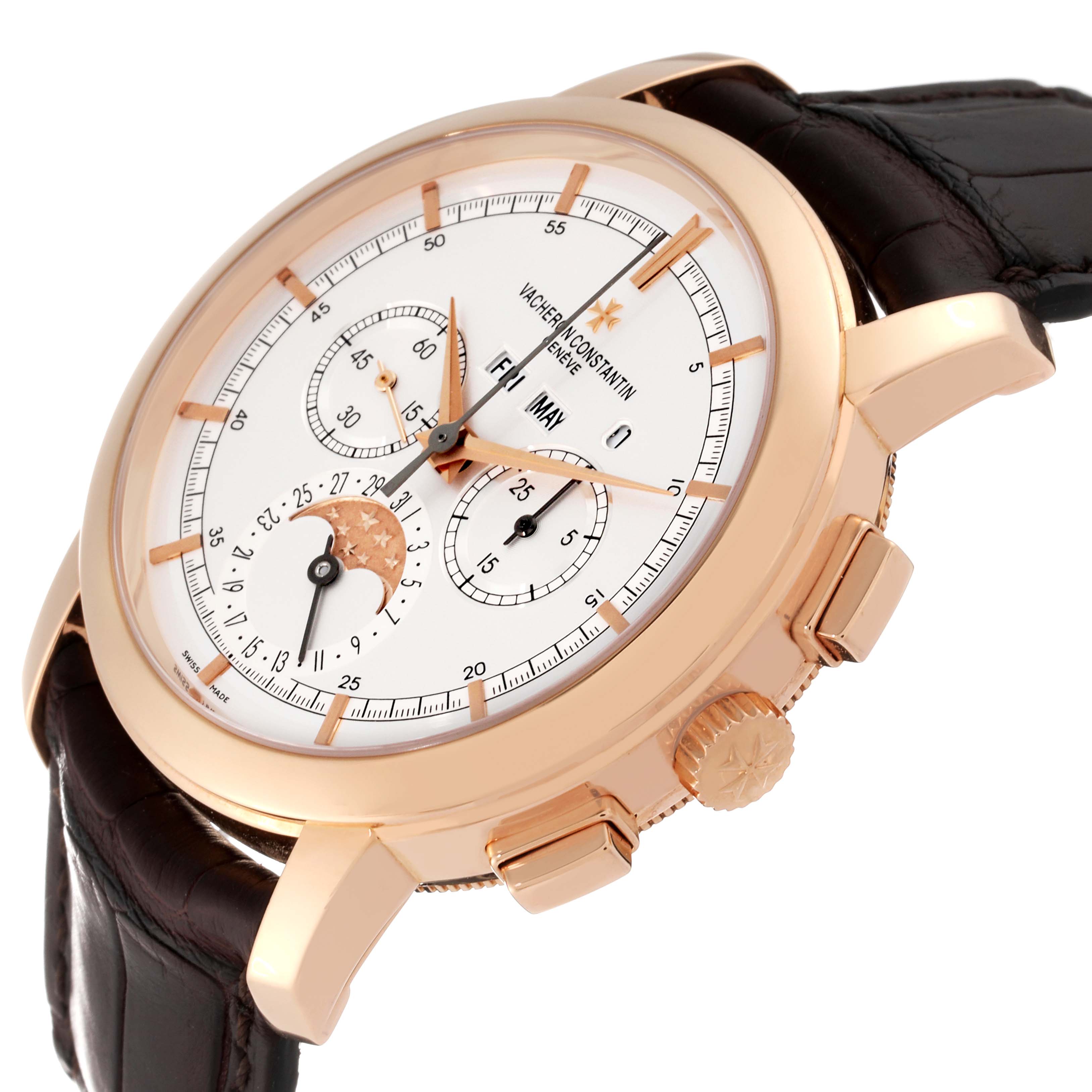 The Vacheron Constantin Traditionnelle 47292/000R-9392 Men
s Rose Gold Silver Dial 47292/000R-9392 Men
s Rose Gold Silver Dial watch is shown at an angle that highlights the dial, crown, and chronograph pushers.