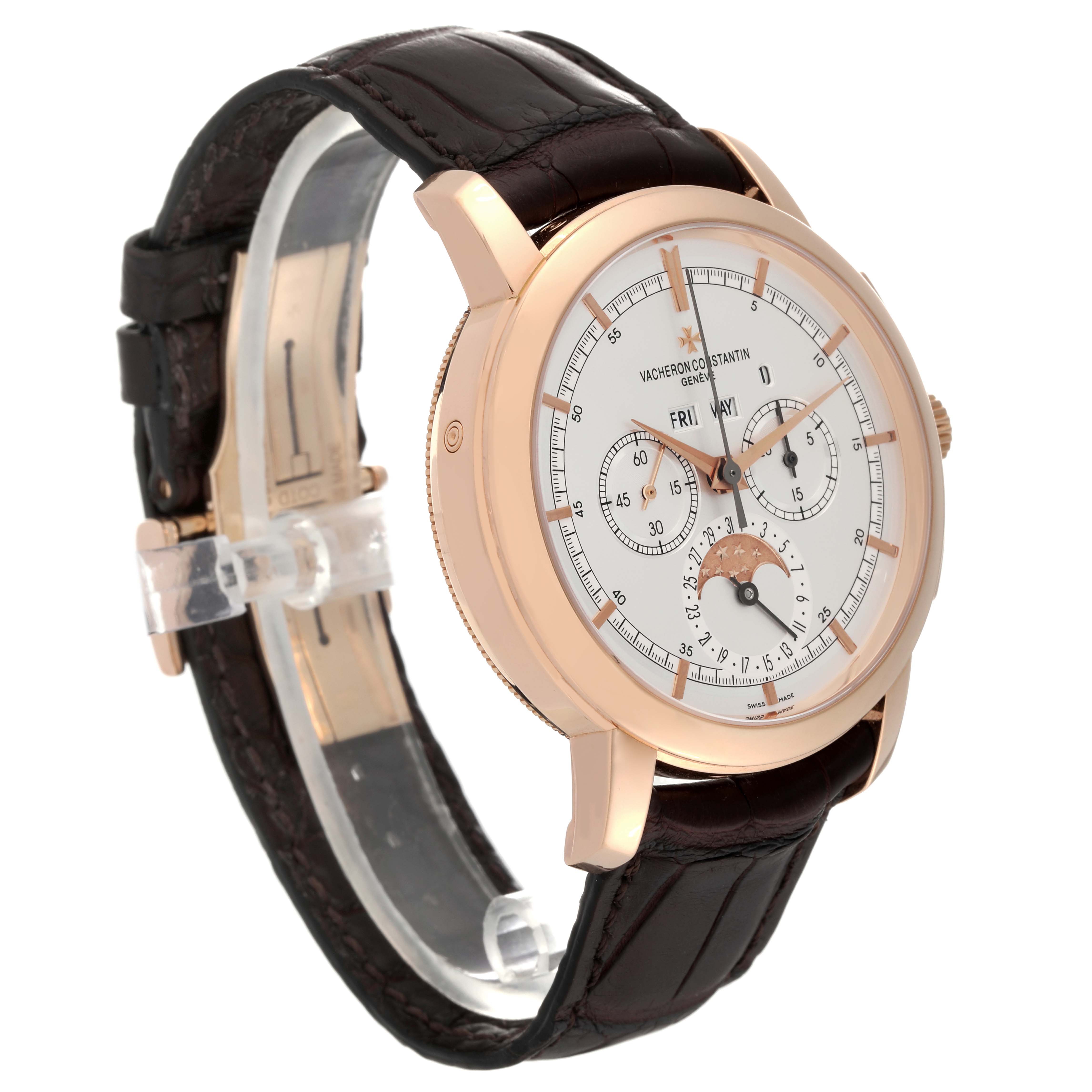 The Vacheron Constantin Traditionnelle 47292/000R-9392 Men
s Rose Gold Silver Dial 47292/000R-9392 Men
s Rose Gold Silver Dial watch is shown at an oblique angle, displaying its dial, case, crown, and leather strap.