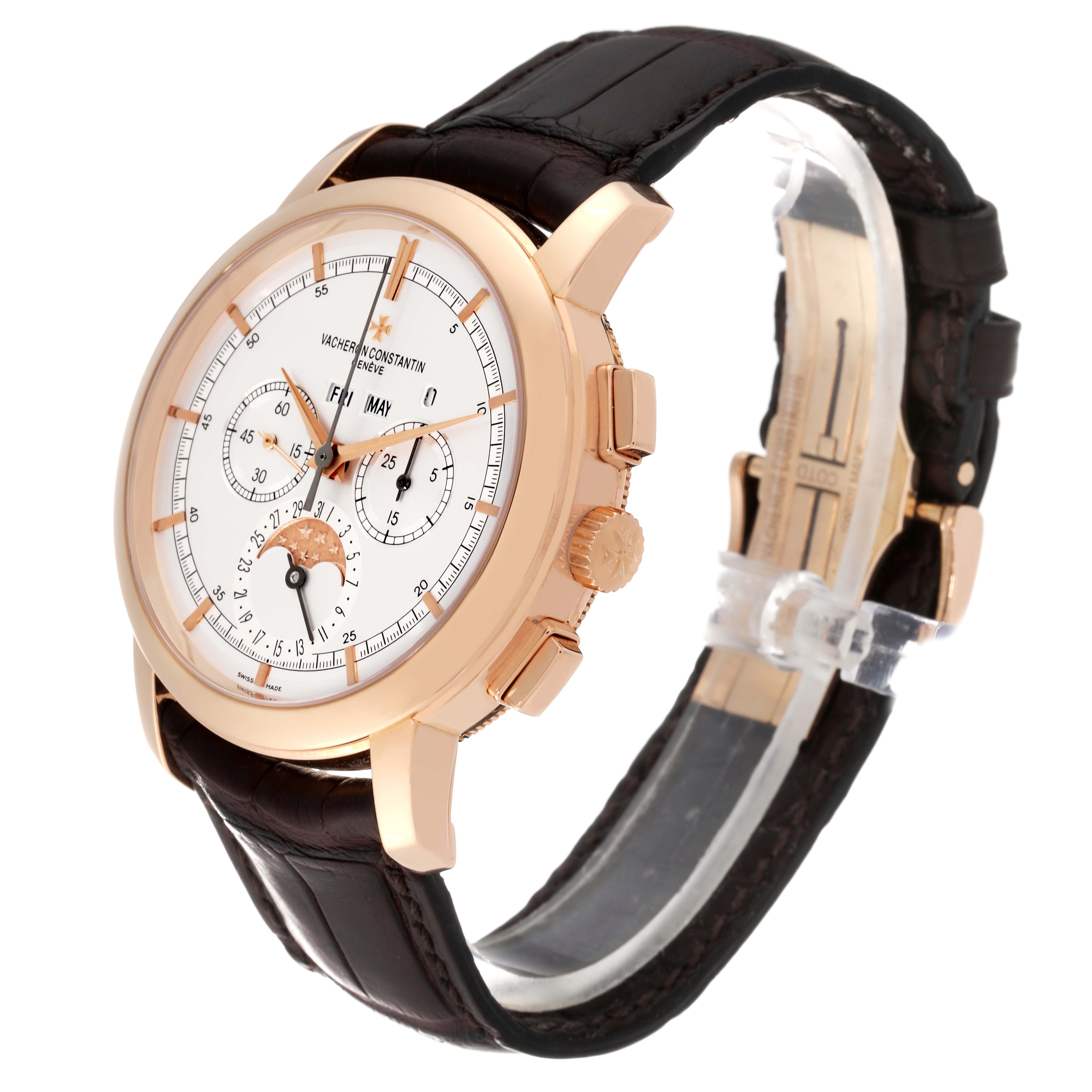 The Vacheron Constantin Traditionnelle 47292/000R-9392 Men
s Rose Gold Silver Dial 47292/000R-9392 Men
s Rose Gold Silver Dial watch is shown from a front-side angle, highlighting its face, bezel, crown, and leather strap.