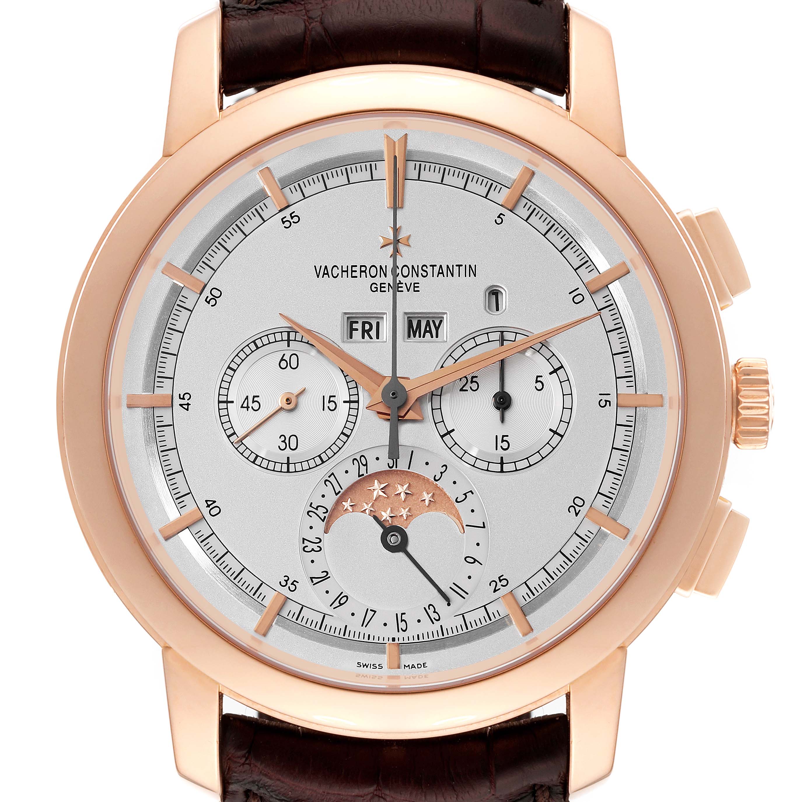 This is a front view of a Vacheron Constantin Traditionnelle 47292/000R-9392 Men
s Rose Gold Silver Dial 47292/000R-9392 Men
s Rose Gold Silver Dial watch showcasing the dial, subdials, and moon phase complications.