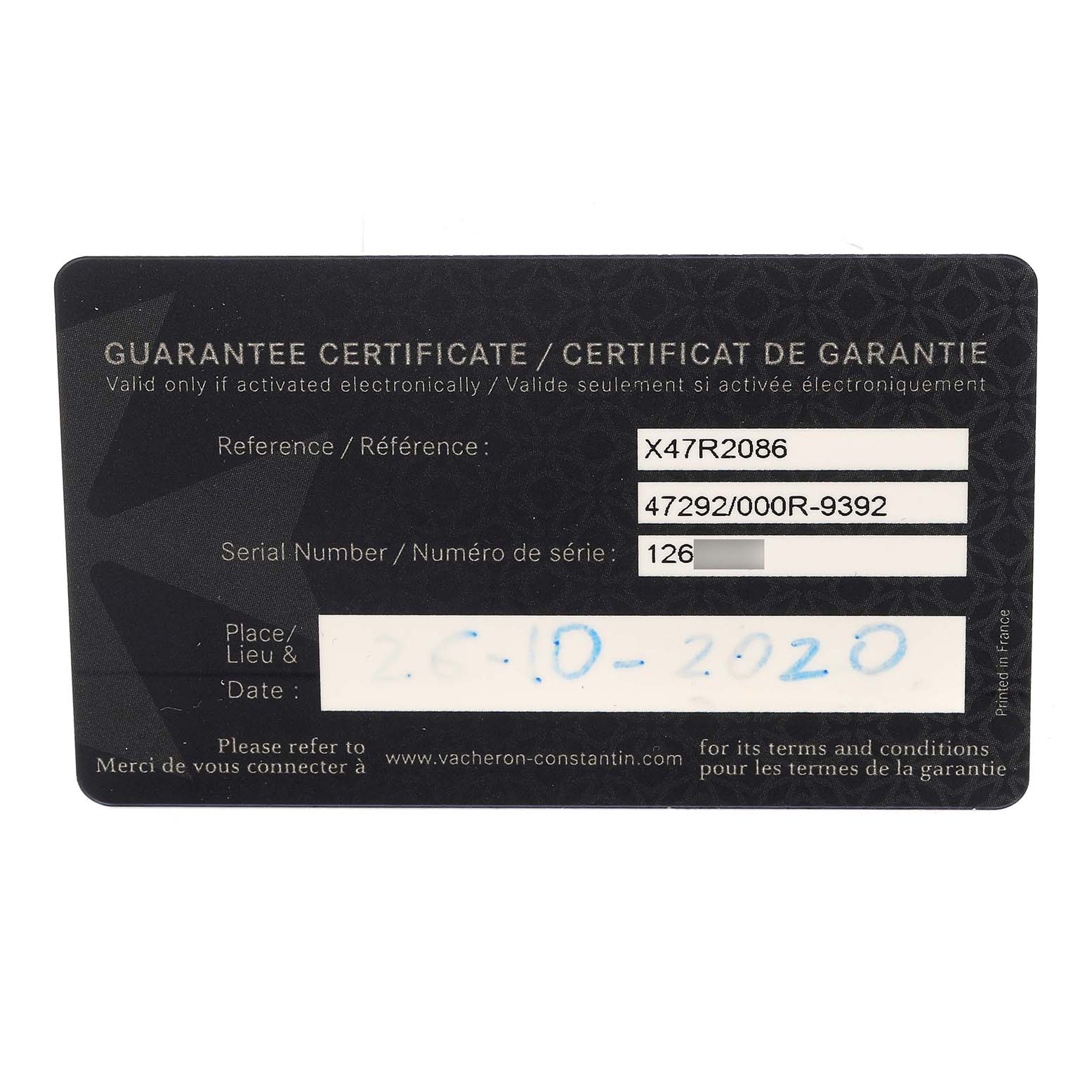 This image shows the guarantee certificate for the Traditionnelle model by Vacheron Constantin.