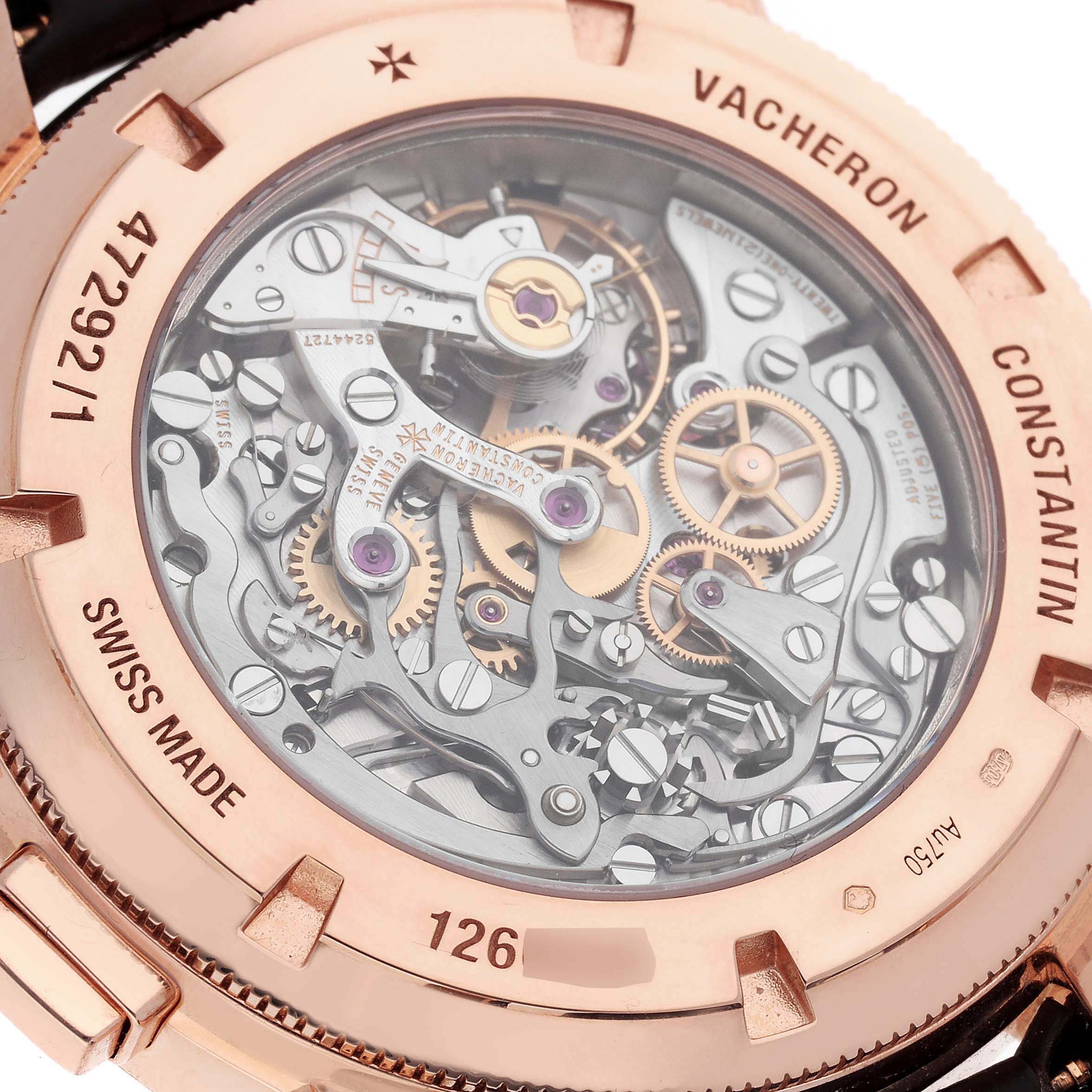 The image shows the back view of the Vacheron Constantin Traditionnelle 47292/000R-9392 Men
s Rose Gold Silver Dial 47292/000R-9392 Men
s Rose Gold Silver Dial watch, highlighting its intricate mechanical movement.