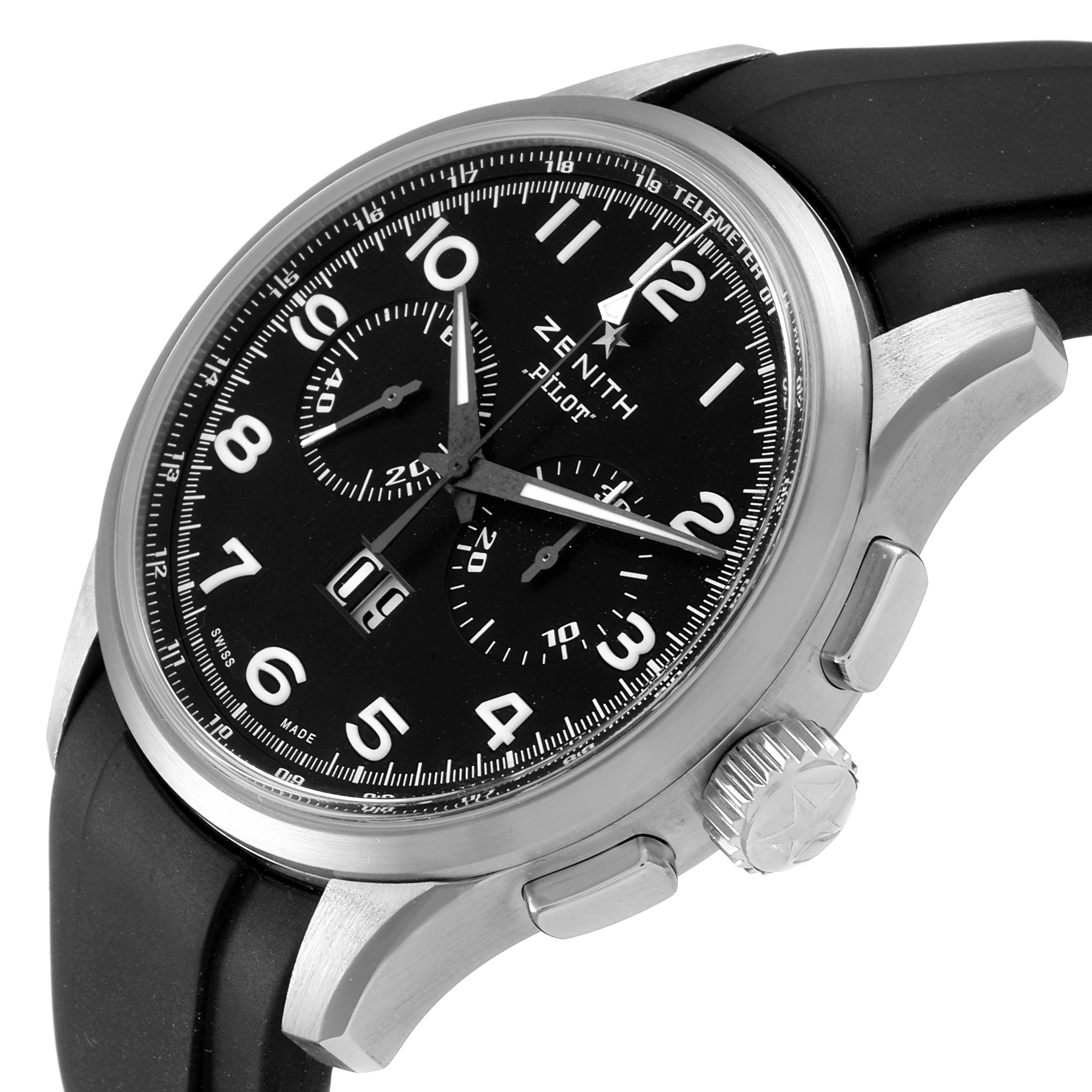 The image displays a Zenith Pilot 03.2410.4010/21.C722 Men's Stainless Steel Black Dial 03.2410.4010/21.C722 Men's Stainless Steel Black Dial watch at a slight side angle, showcasing its black dial, chronograph sub-dials, and rubber strap.