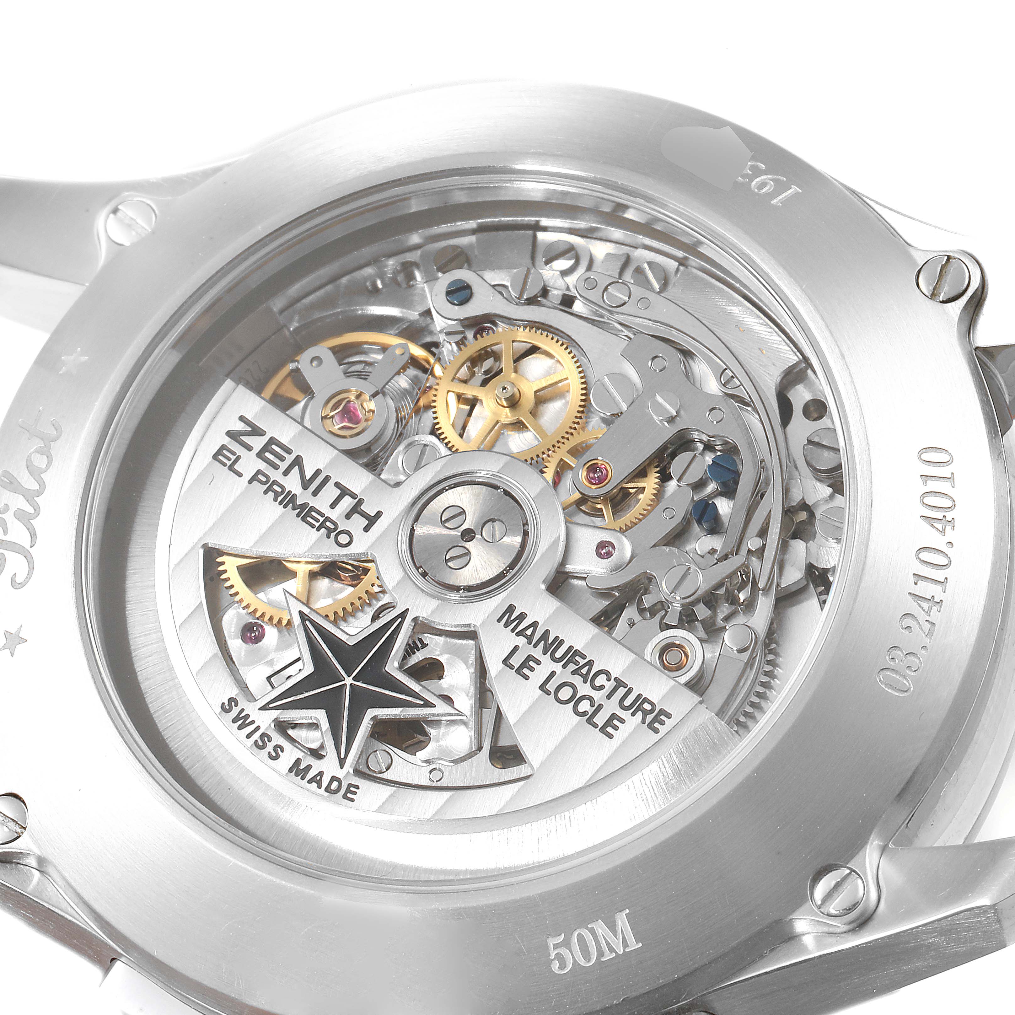This image shows the back of a Zenith Pilot 03.2410.4010/21.C722 Men's Stainless Steel Black Dial 03.2410.4010/21.C722 Men's Stainless Steel Black Dial model watch, featuring its exposed movement and internal mechanisms.