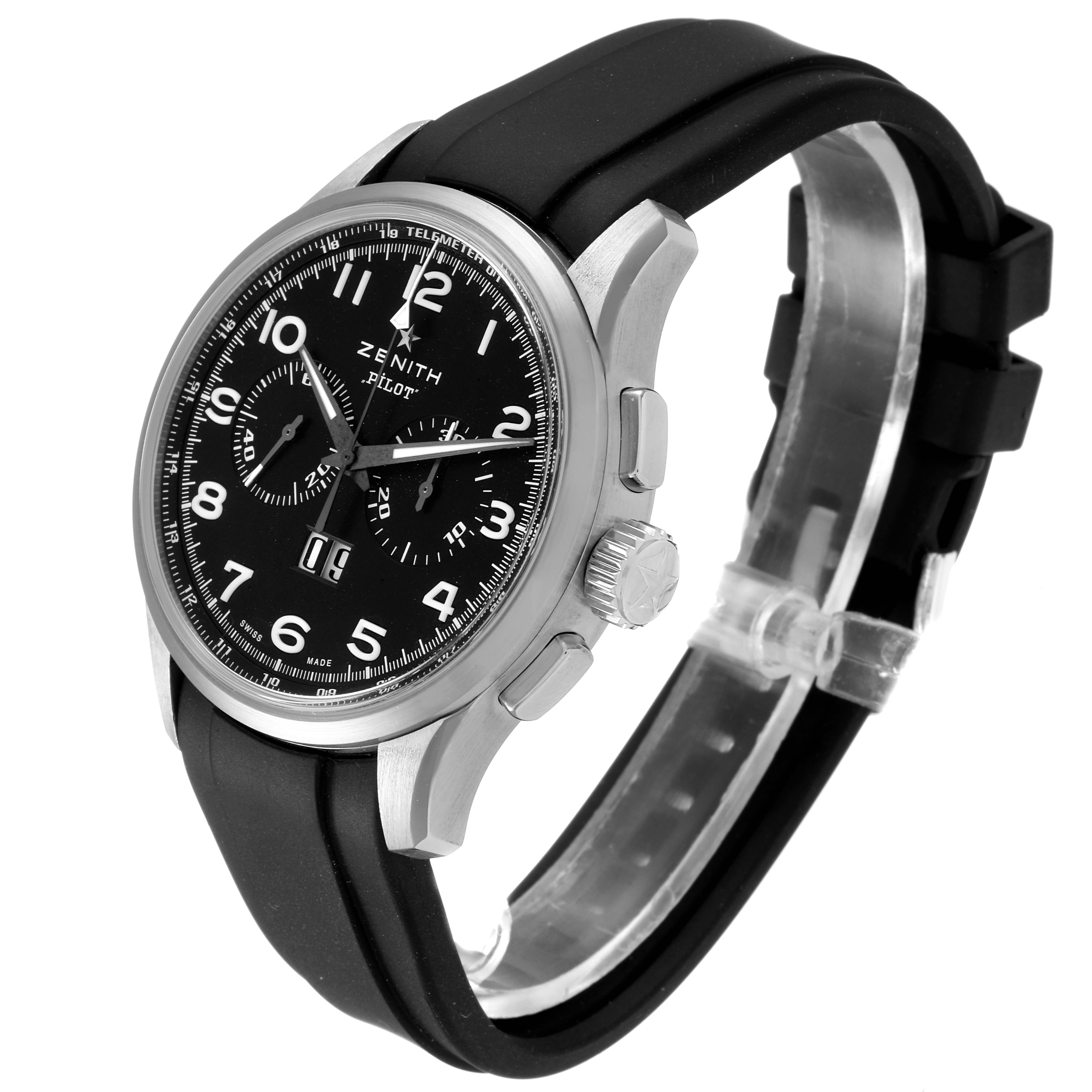The image shows a Zenith Pilot 03.2410.4010/21.C722 Men's Stainless Steel Black Dial 03.2410.4010/21.C722 Men's Stainless Steel Black Dial watch from a three-quarter angle, highlighting its face, bezel, and strap.