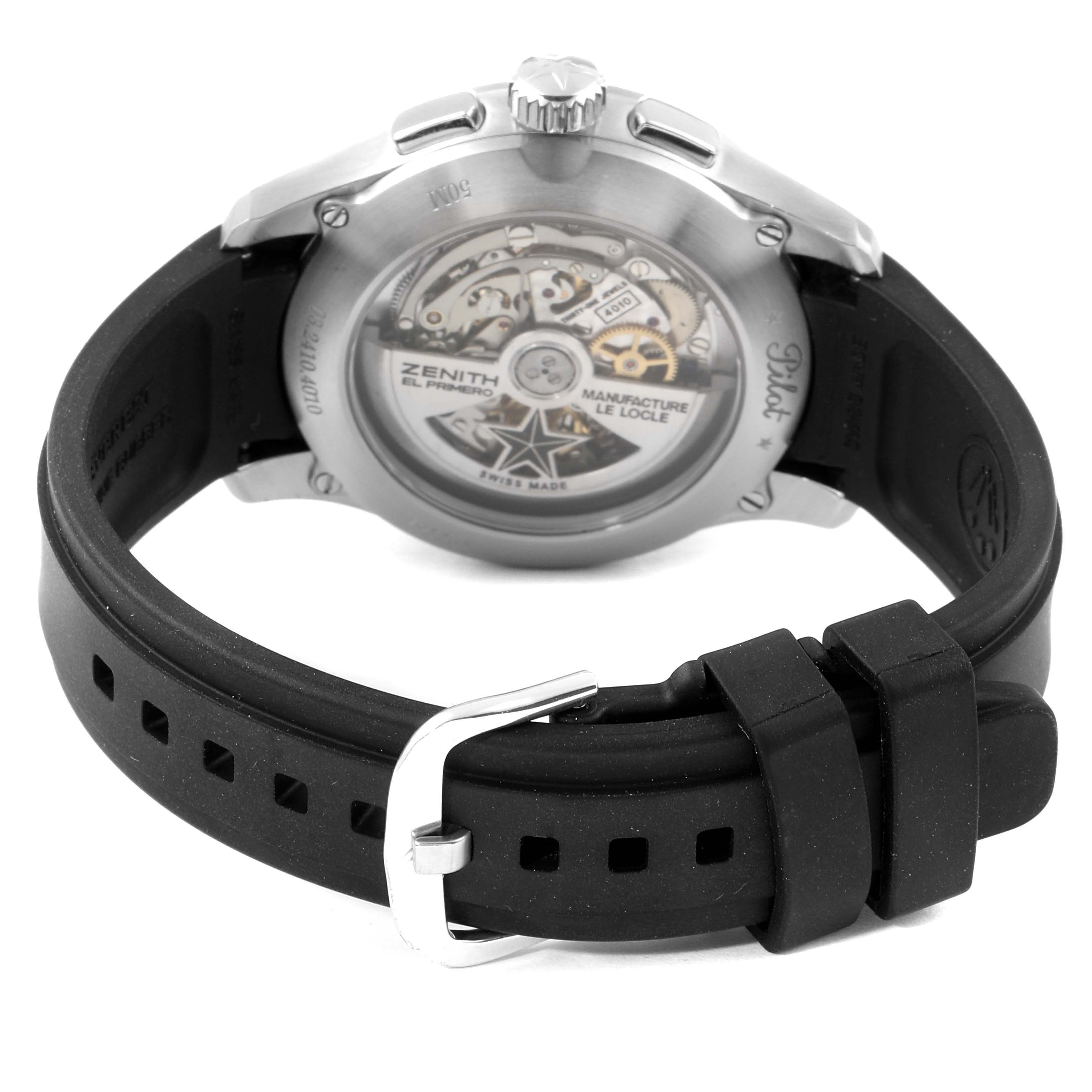 The image shows the back of a Zenith Pilot 03.2410.4010/21.C722 Men's Stainless Steel Black Dial 03.2410.4010/21.C722 Men's Stainless Steel Black Dial watch, focusing on the movement and the black strap.