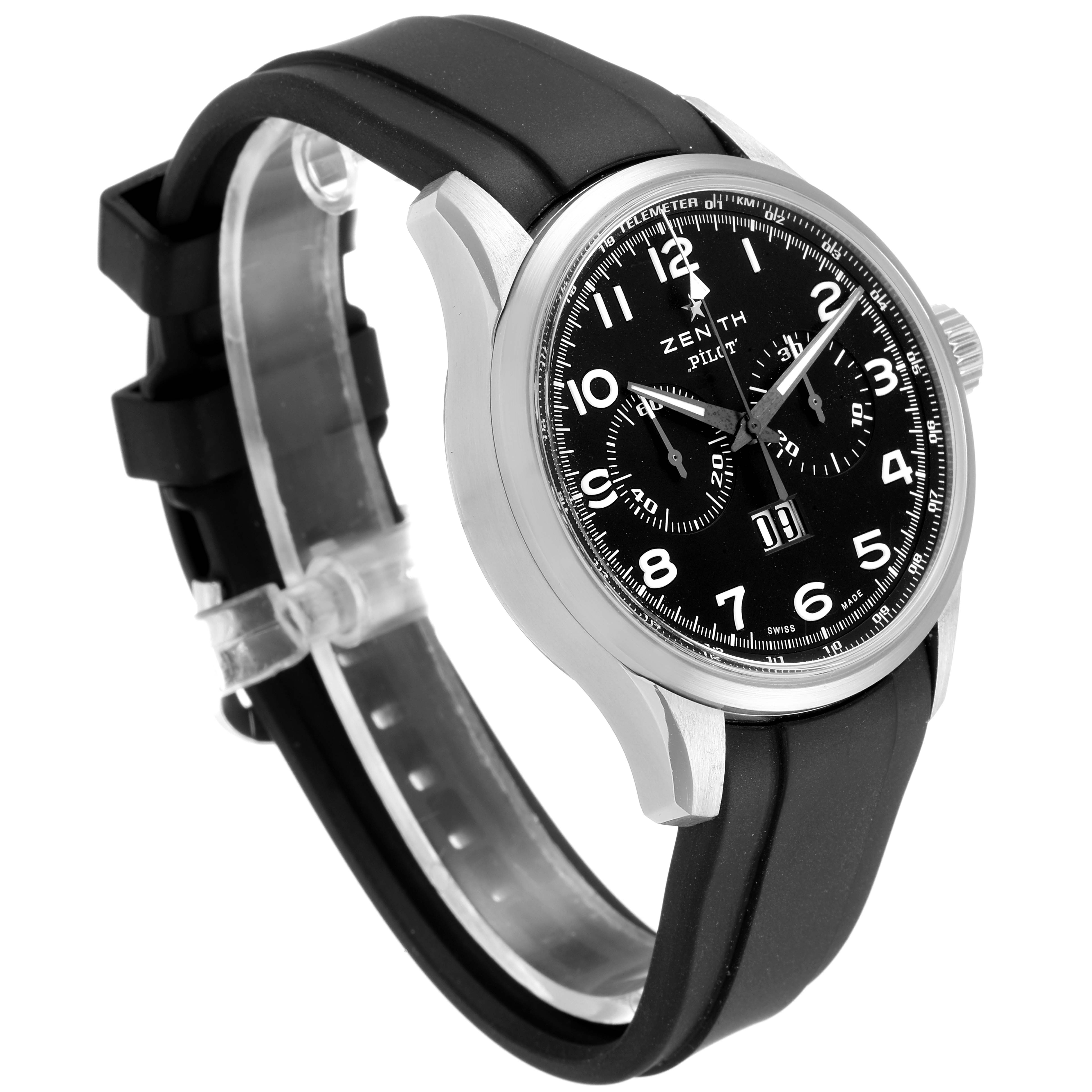 The Zenith Pilot 03.2410.4010/21.C722 Men's Stainless Steel Black Dial 03.2410.4010/21.C722 Men's Stainless Steel Black Dial model watch is shown at an angled side view, featuring the black dial, subdials, and black strap.