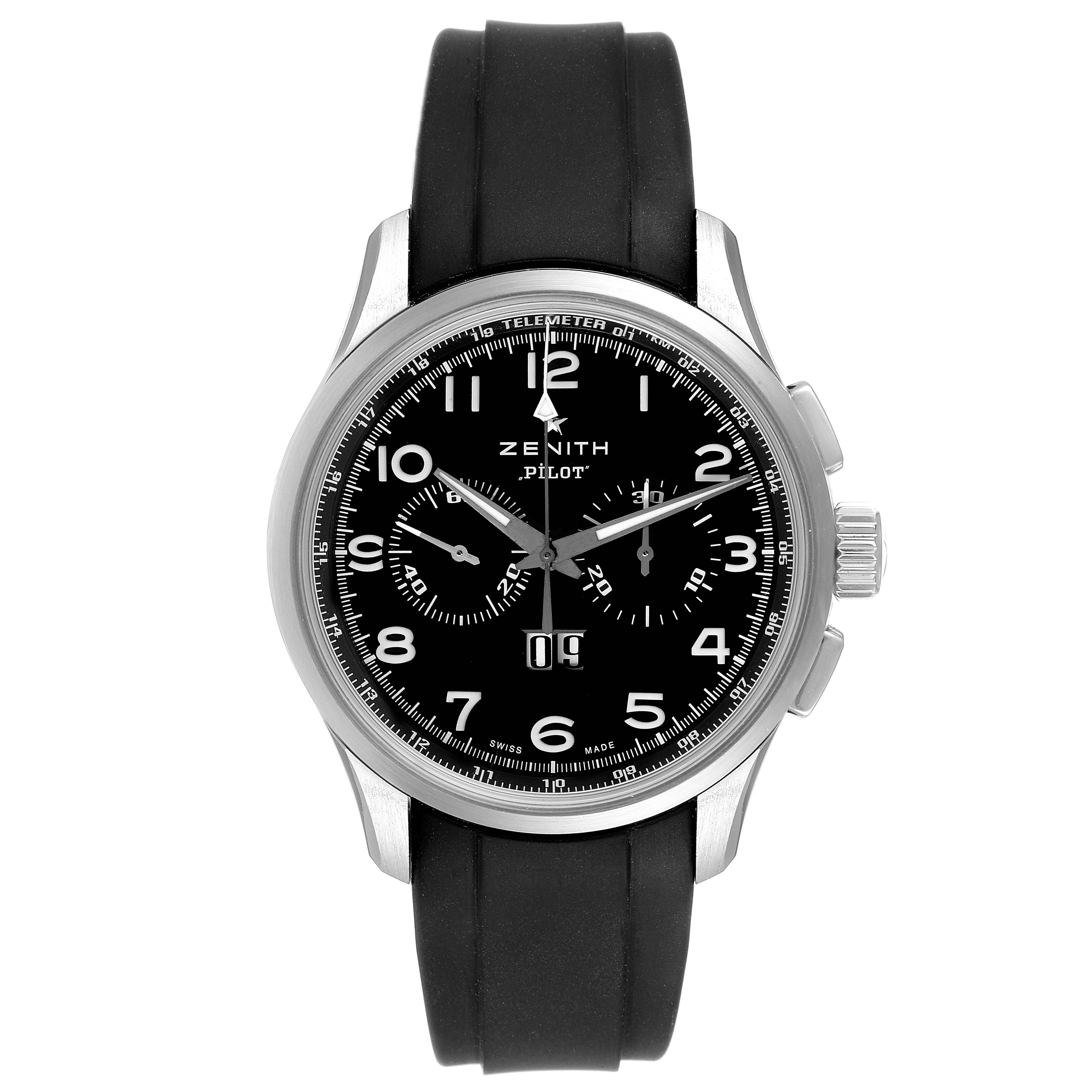 The Zenith Pilot 03.2410.4010/21.C722 Men's Stainless Steel Black Dial 03.2410.4010/21.C722 Men's Stainless Steel Black Dial watch is shown from a front angle, displaying its black dial, subdials, and rubber strap.