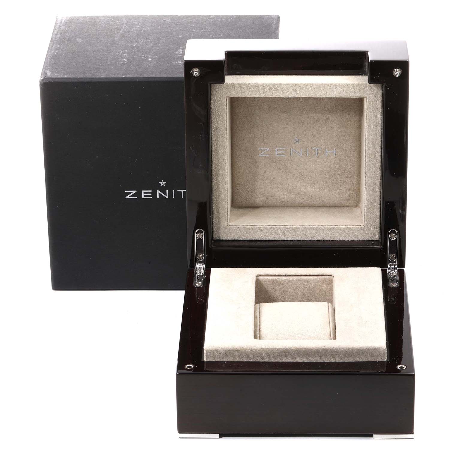 The image shows an open watch box for the Zenith Pilot 03.2410.4010/21.C722 Men's Stainless Steel Black Dial 03.2410.4010/21.C722 Men's Stainless Steel Black Dial model, with the inner velvet cushion and external packaging.