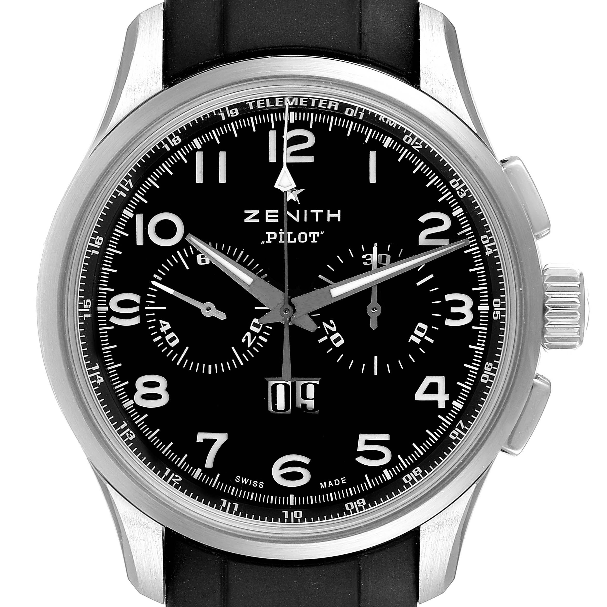 The image shows a front view of the Zenith Pilot 03.2410.4010/21.C722 Men's Stainless Steel Black Dial 03.2410.4010/21.C722 Men's Stainless Steel Black Dial model watch, displaying its dial, hands, subdials, and crown.