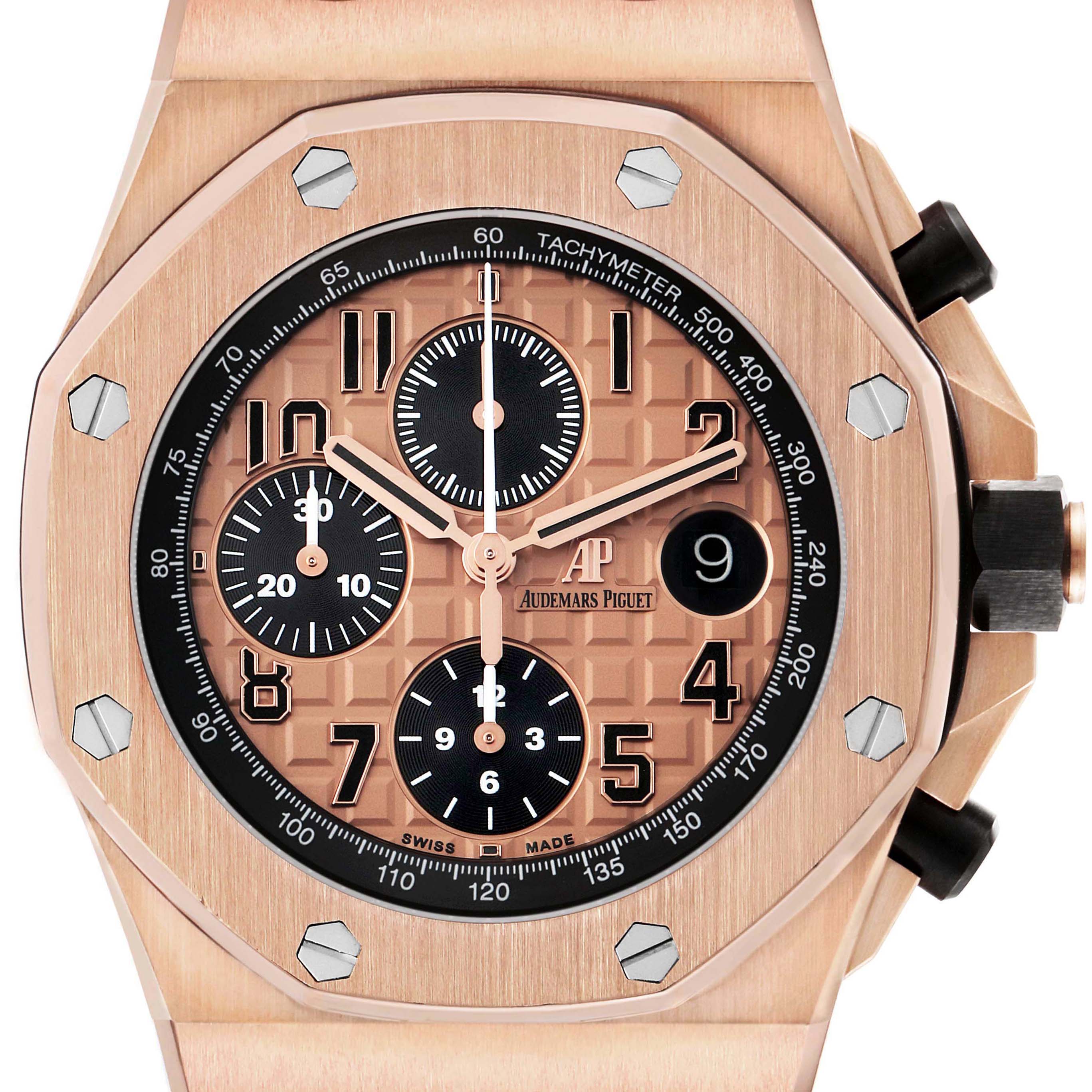 The image shows a close-up, frontal view of the Audemars Piguet Royal Oak Offshore 26470OR.OO.1000OR.01 Men's Rose Gold Pink Dial watch, highlighting its dial, bezel, and chronograph features.