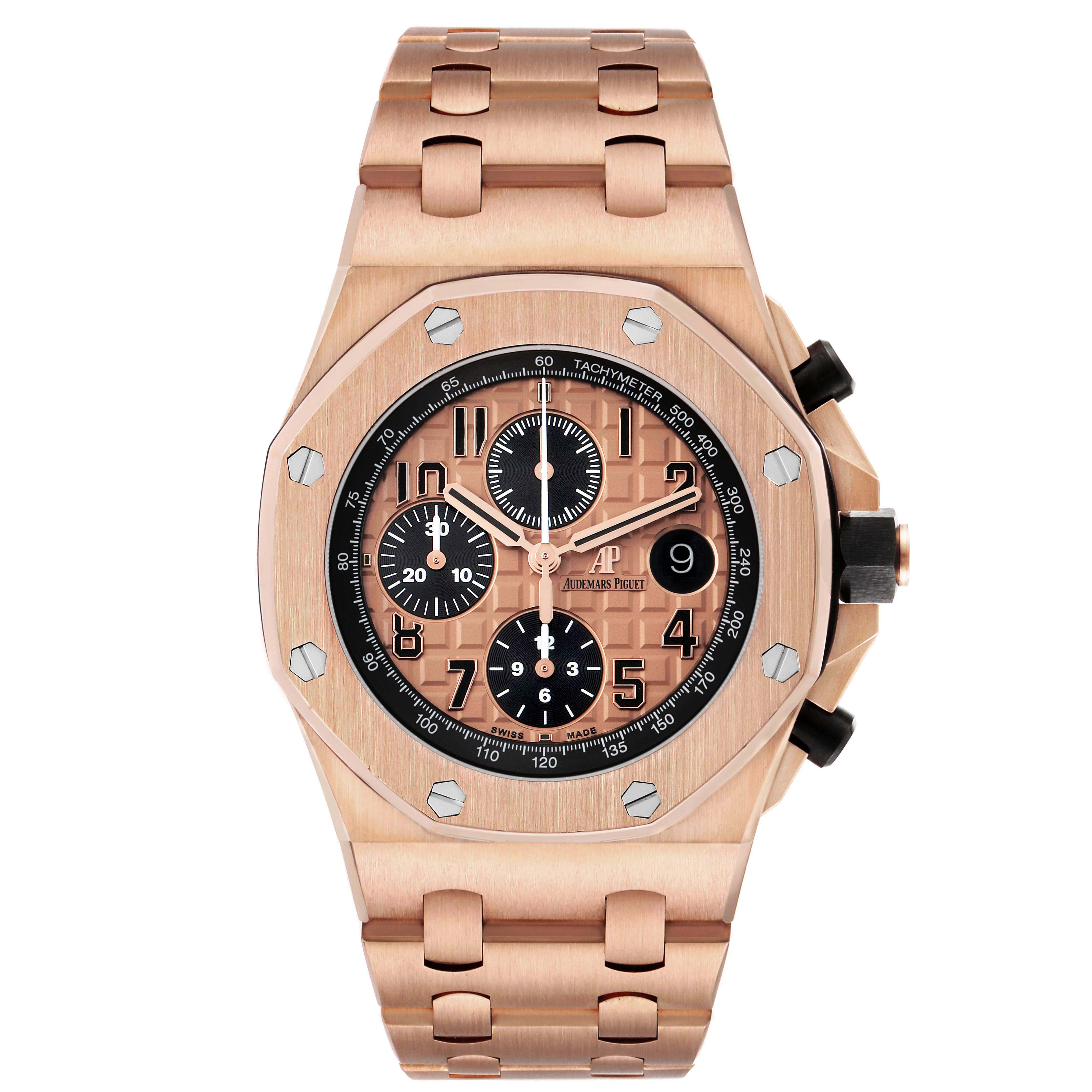 The Audemars Piguet Royal Oak Offshore 26470OR.OO.1000OR.01 Men's Rose Gold Pink Dial watch is shown from the front, highlighting its dial, bezel, and metal bracelet.
