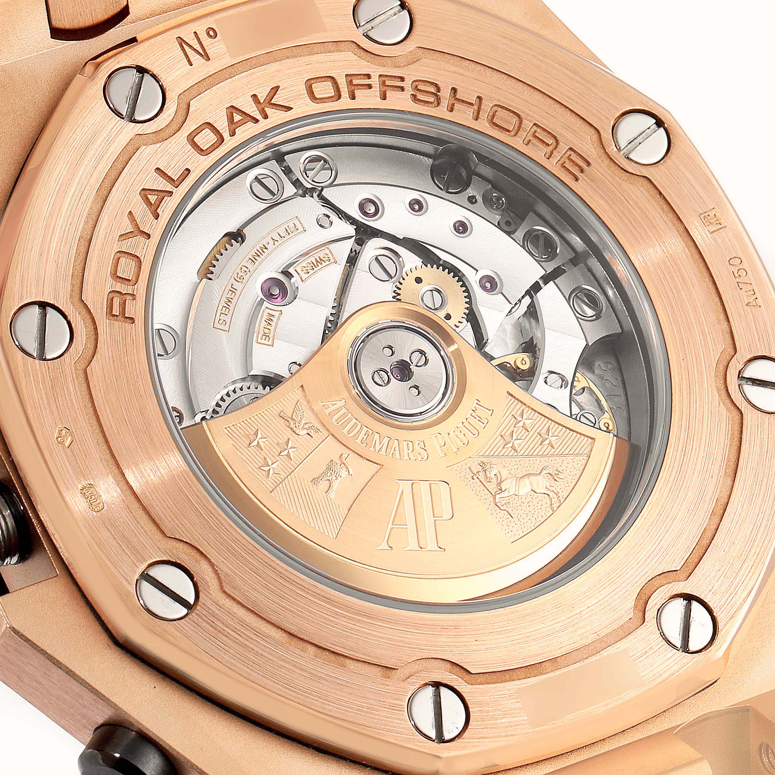 The image shows the Royal Oak Offshore by Audemars Piguet from the back, highlighting its open case back and movement details.