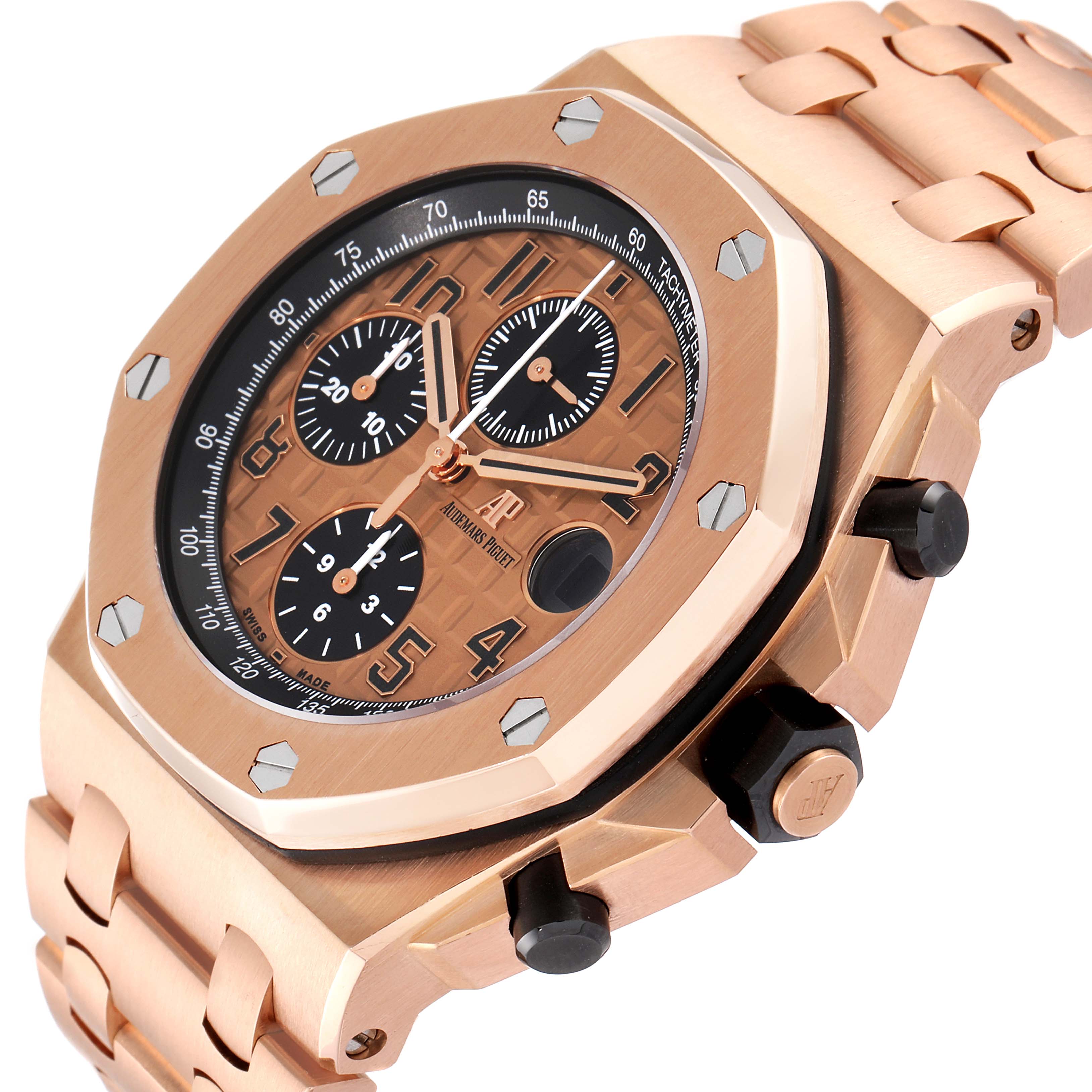 The image shows a close-up side view of the Audemars Piguet Royal Oak Offshore 26470OR.OO.1000OR.01 Men's Rose Gold Pink Dial 26470OR.OO.1000OR.01 Men's Rose Gold Pink Dial, highlighting the bezel, dial, and chronograph buttons.