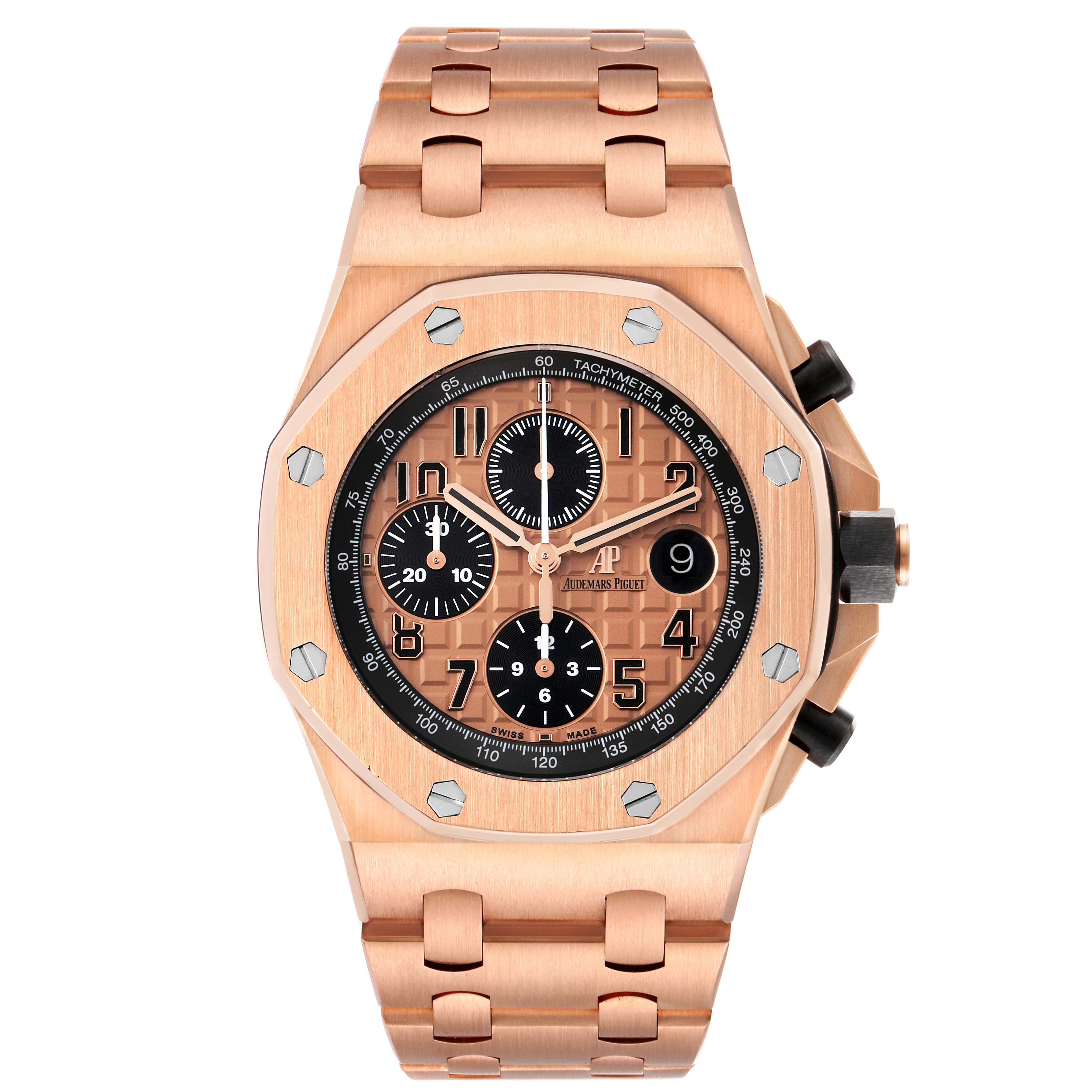 The image shows a front view of an Audemars Piguet Royal Oak Offshore 26470OR.OO.1000OR.01 Men's Rose Gold Pink Dial 26470OR.OO.1000OR.01 Men's Rose Gold Pink Dial watch, highlighting its dial, bezel, and bracelet.