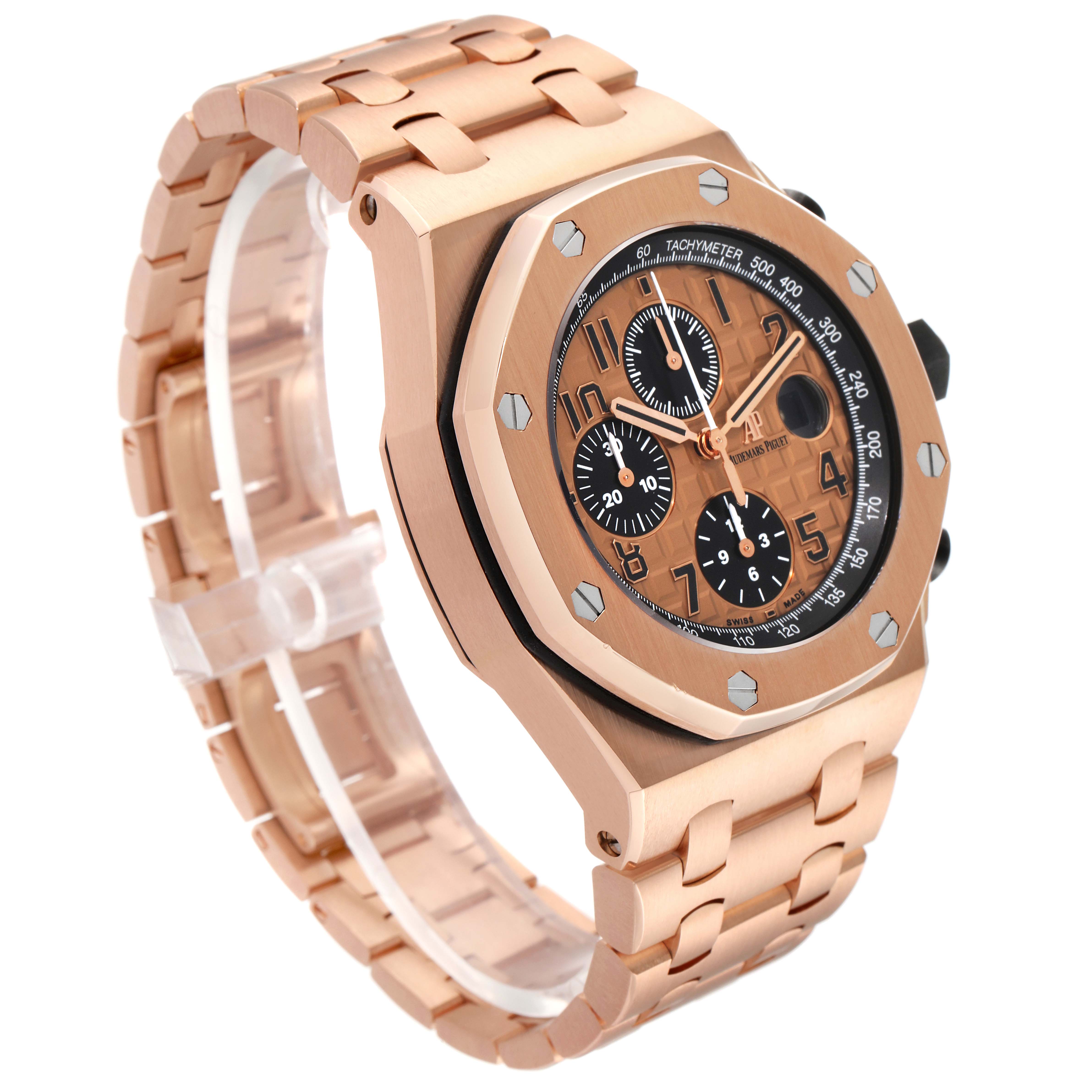 The image shows the front and left side of the Audemars Piguet Royal Oak Offshore 26470OR.OO.1000OR.01 Men's Rose Gold Pink Dial 26470OR.OO.1000OR.01 Men's Rose Gold Pink Dial watch, featuring its bracelet and dial.