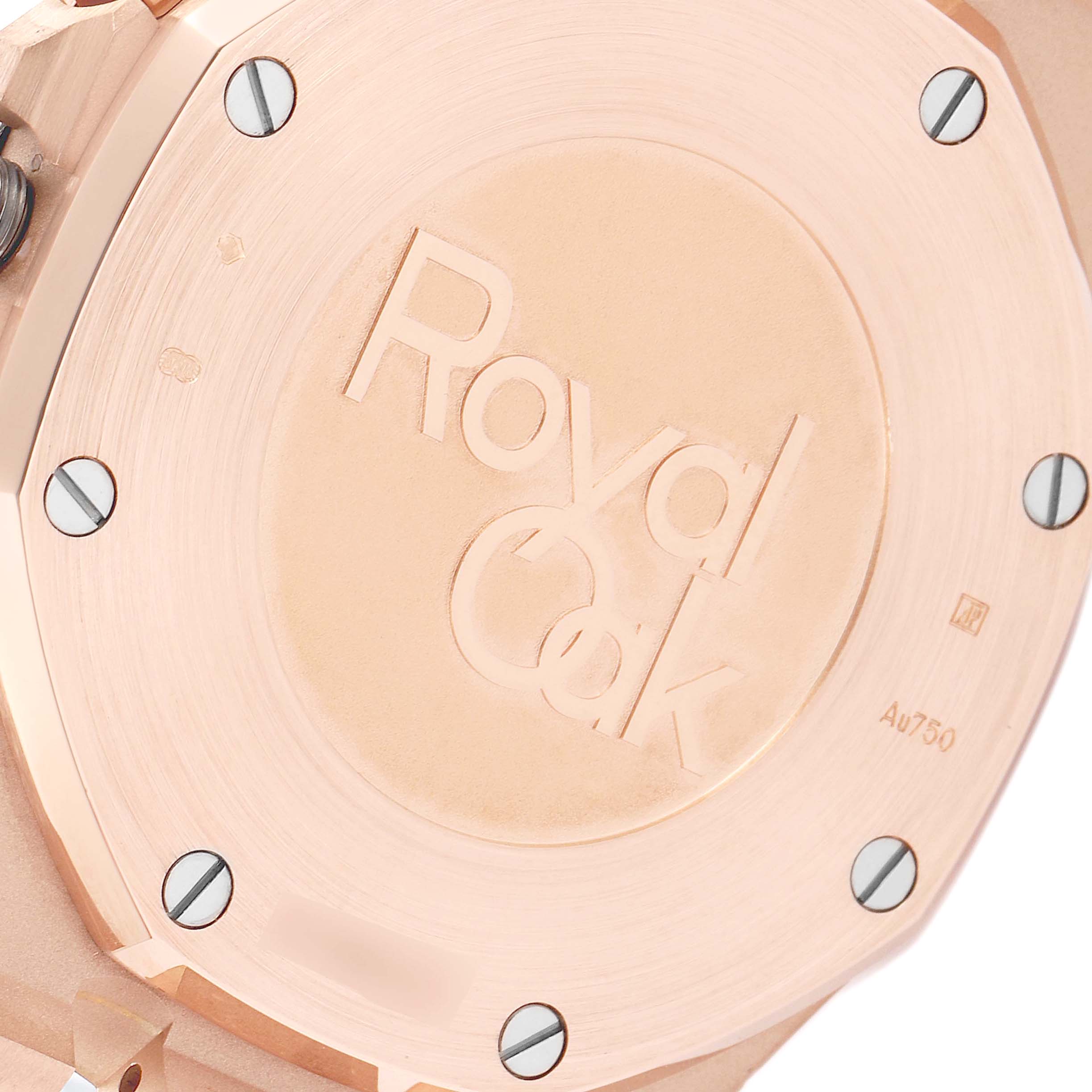 The image shows the case back of an Audemars Piguet Royal Oak 26331OR.OO.D821CR.01 Men's Rose Gold Brown Dial 26331OR.OO.D821CR.01 Men's Rose Gold Brown Dial watch, highlighting the engraving and screws.