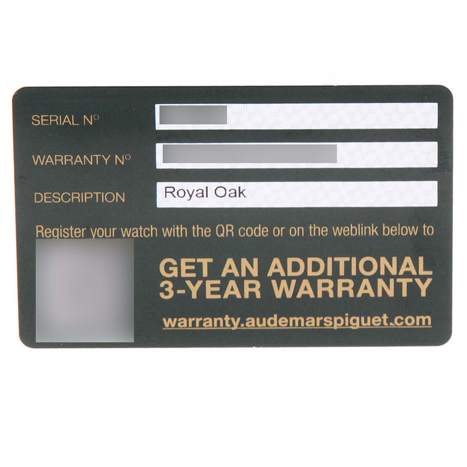 This image displays a warranty card for an Audemars Piguet Royal Oak 26331OR.OO.D821CR.01 Men's Rose Gold Brown Dial 26331OR.OO.D821CR.01 Men's Rose Gold Brown Dial watch.