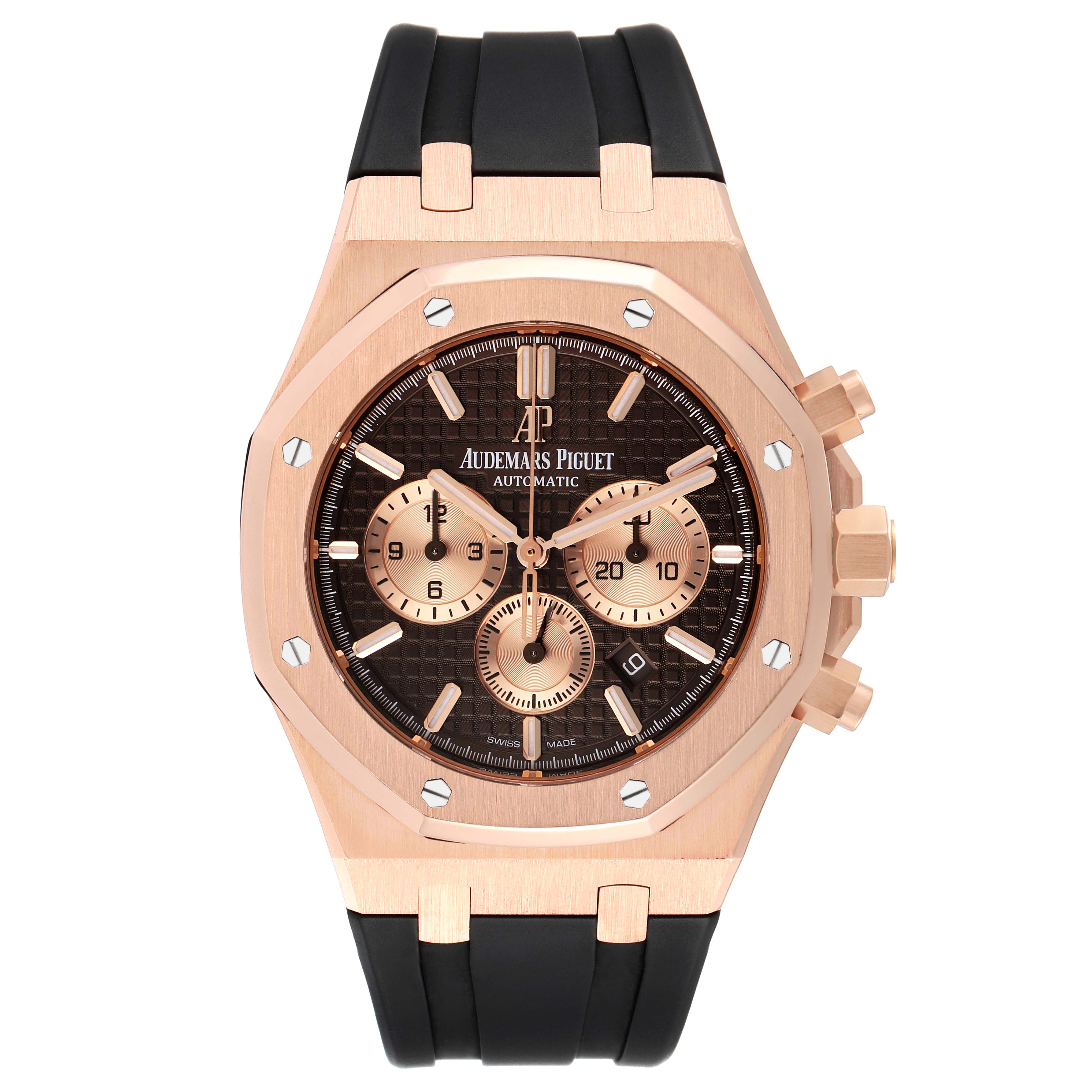 The image shows a front view of an Audemars Piguet Royal Oak 26331OR.OO.D821CR.01 Men's Rose Gold Brown Dial 26331OR.OO.D821CR.01 Men's Rose Gold Brown Dial watch with a rose gold case, black strap, and three subdials.