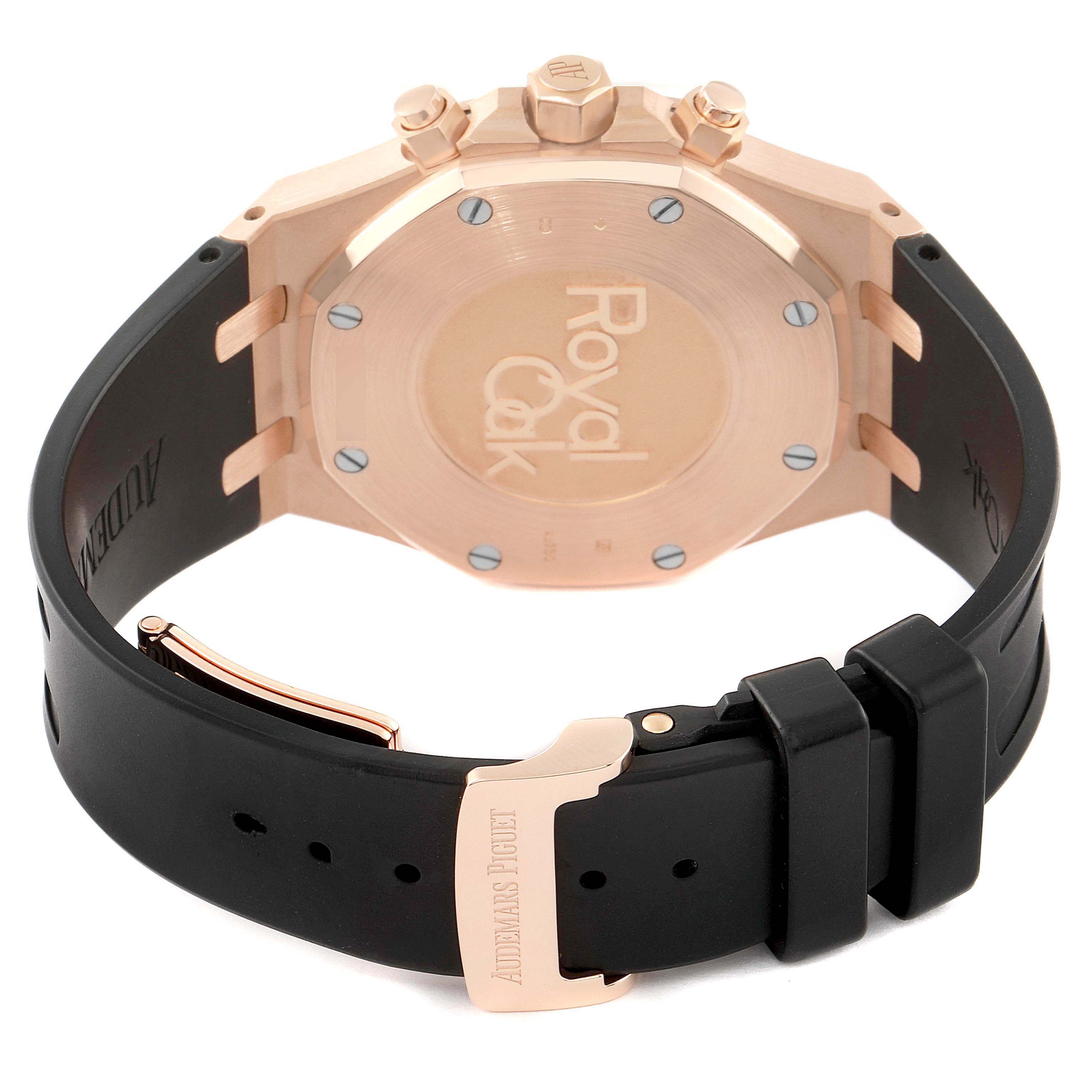 The image shows the back view of the Audemars Piguet Royal Oak 26331OR.OO.D821CR.01 Men's Rose Gold Brown Dial 26331OR.OO.D821CR.01 Men's Rose Gold Brown Dial watch with its rose gold case and black strap.