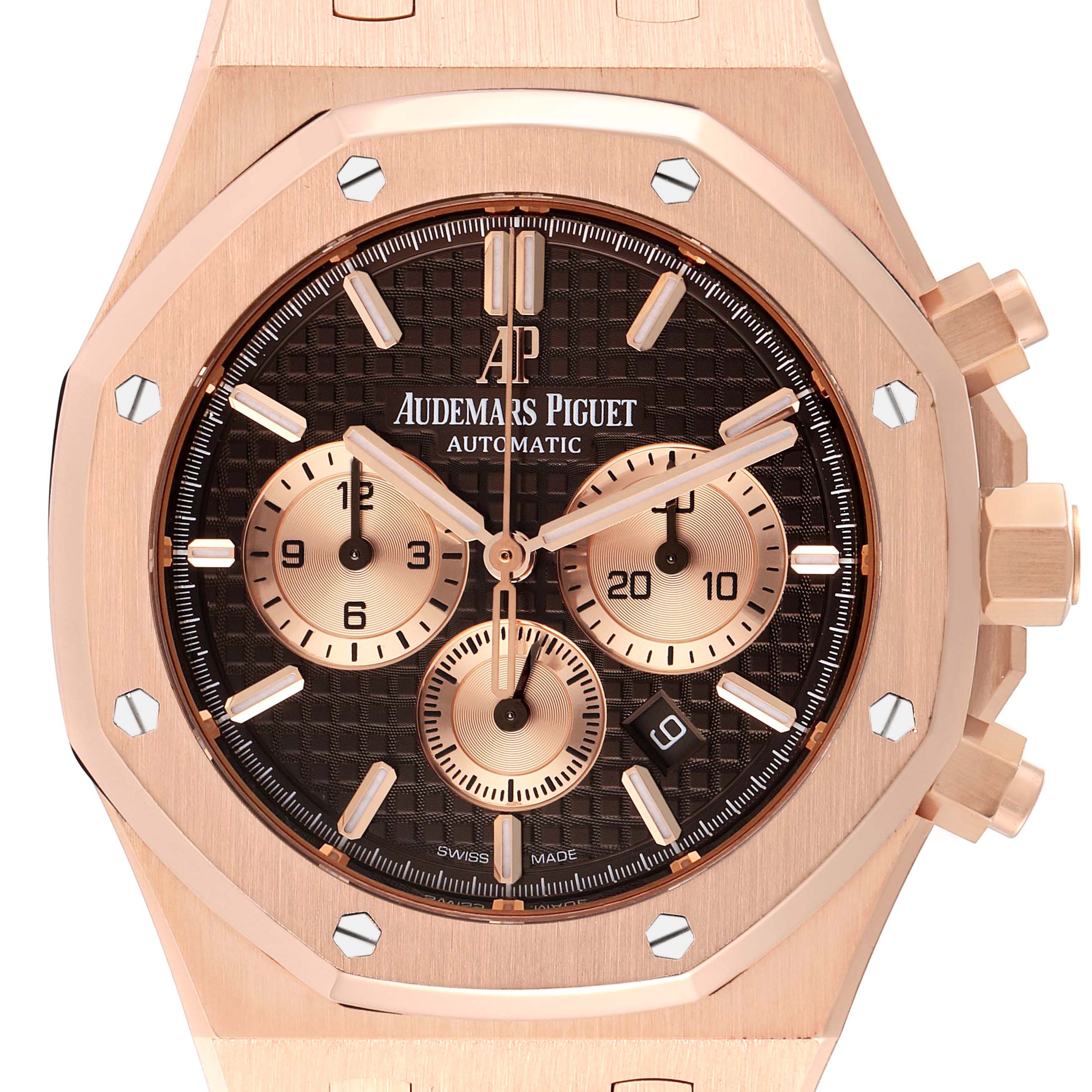 The image shows a close-up frontal view of an Audemars Piguet Royal Oak 26331OR.OO.D821CR.01 Men's Rose Gold Brown Dial 26331OR.OO.D821CR.01 Men's Rose Gold Brown Dial watch, highlighting the dial and chronograph features.