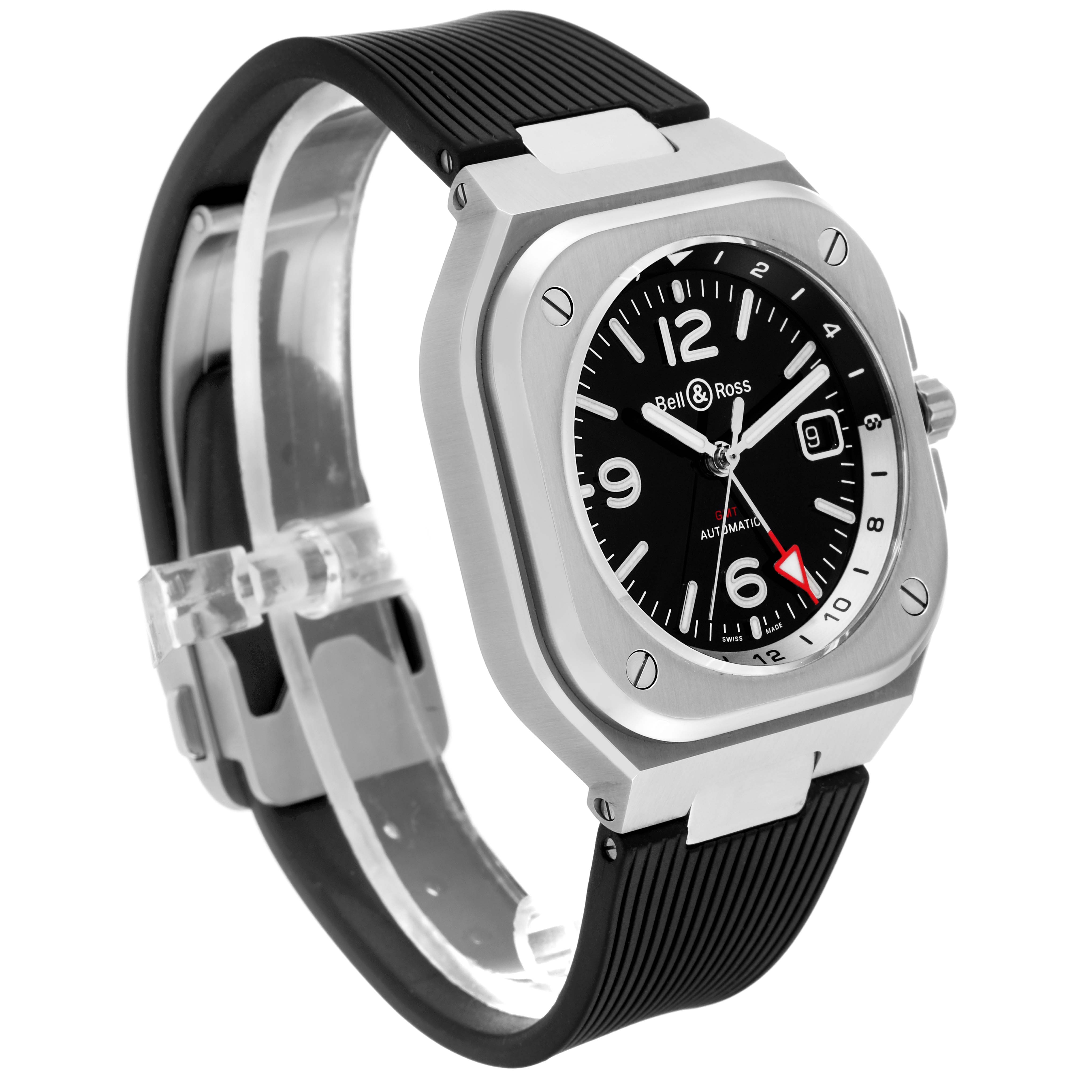 This Bell 
Ross Chronograph watch is shown at a three-quarter angle, highlighting the face, bezel, crown, and strap.