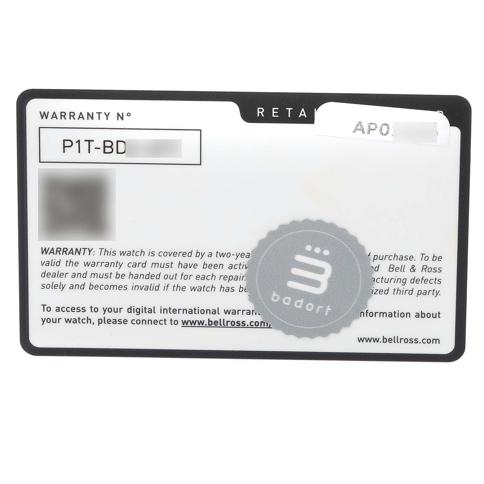 The image shows the warranty card for a Bell 
Ross Chronograph model watch, including the warranty number and terms.