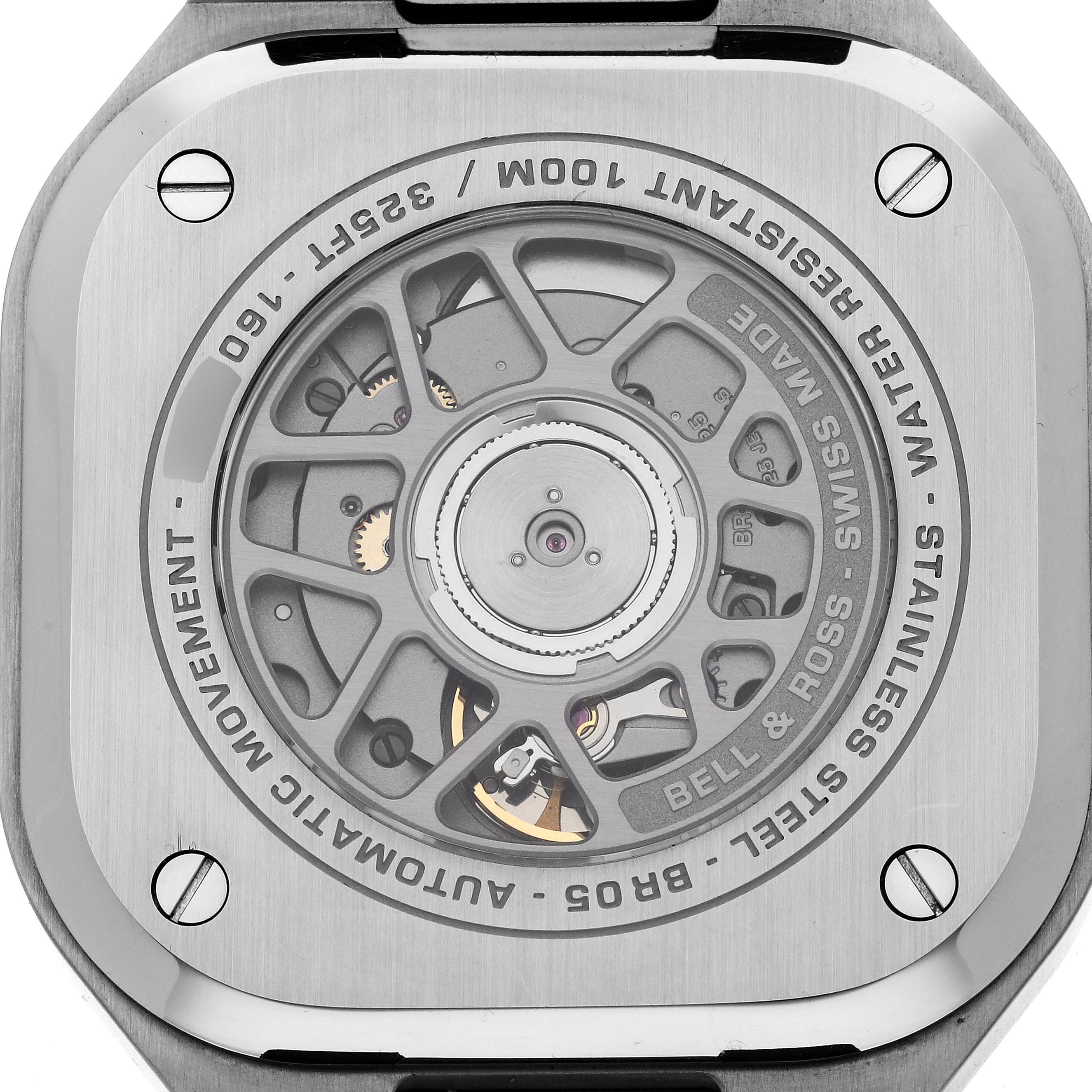 This image shows the back of a Bell 
Ross Chronograph, revealing its automatic movement.