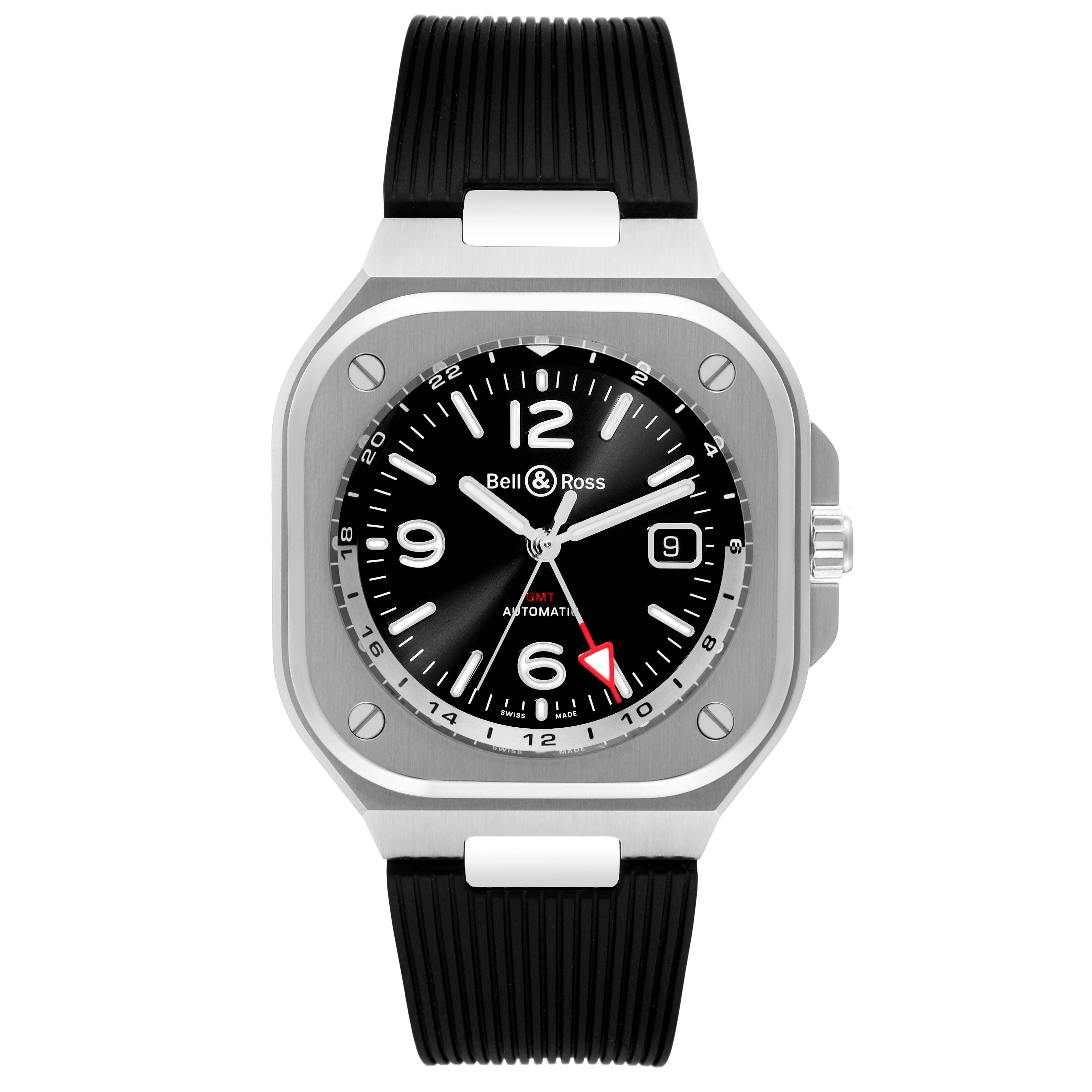 This image shows a front view of a Bell 
Ross Chronograph model watch, highlighting its black dial, date window, and rubber strap.