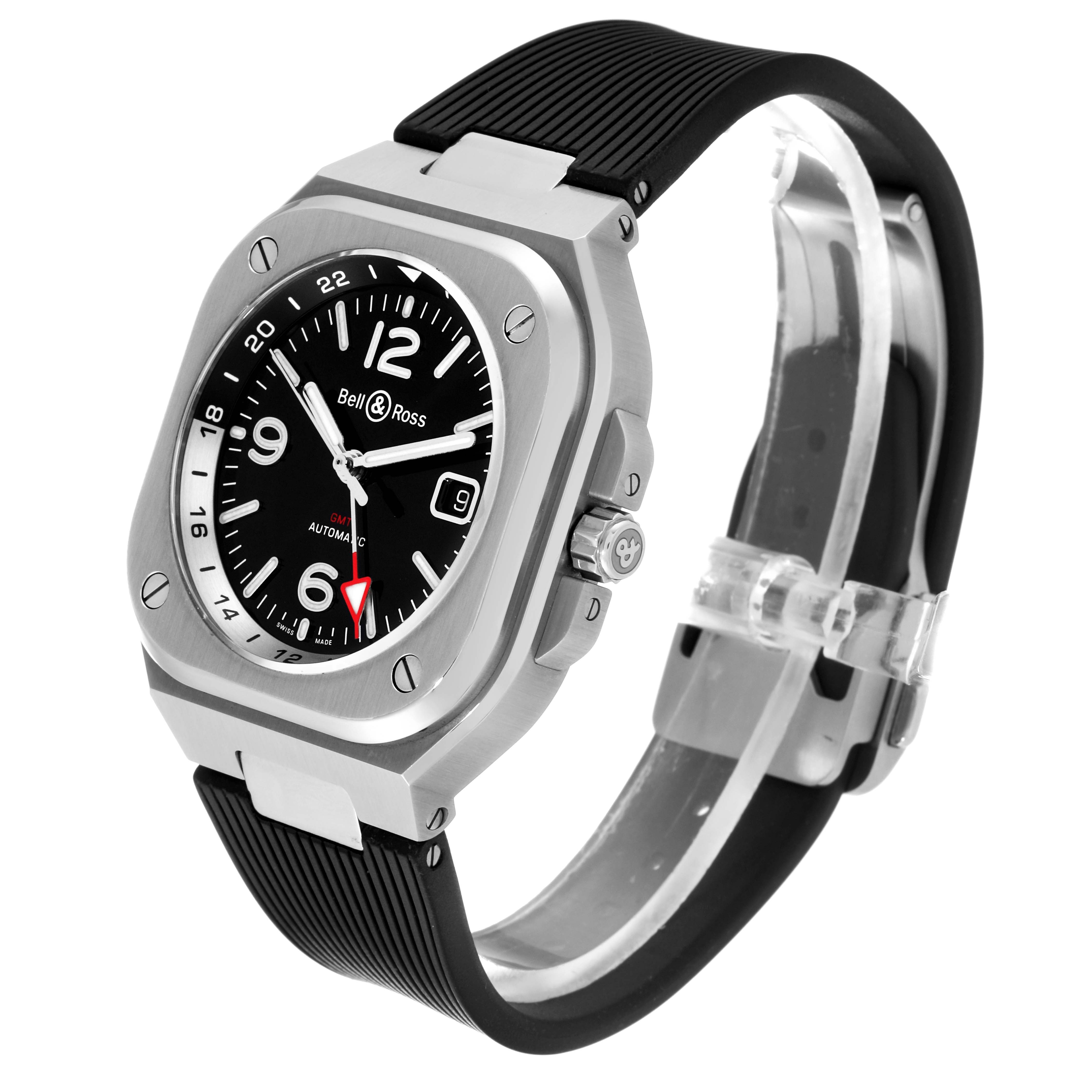 The image shows a side angle of the Bell 
Ross Chronograph, displaying its face, bezel, and strap.