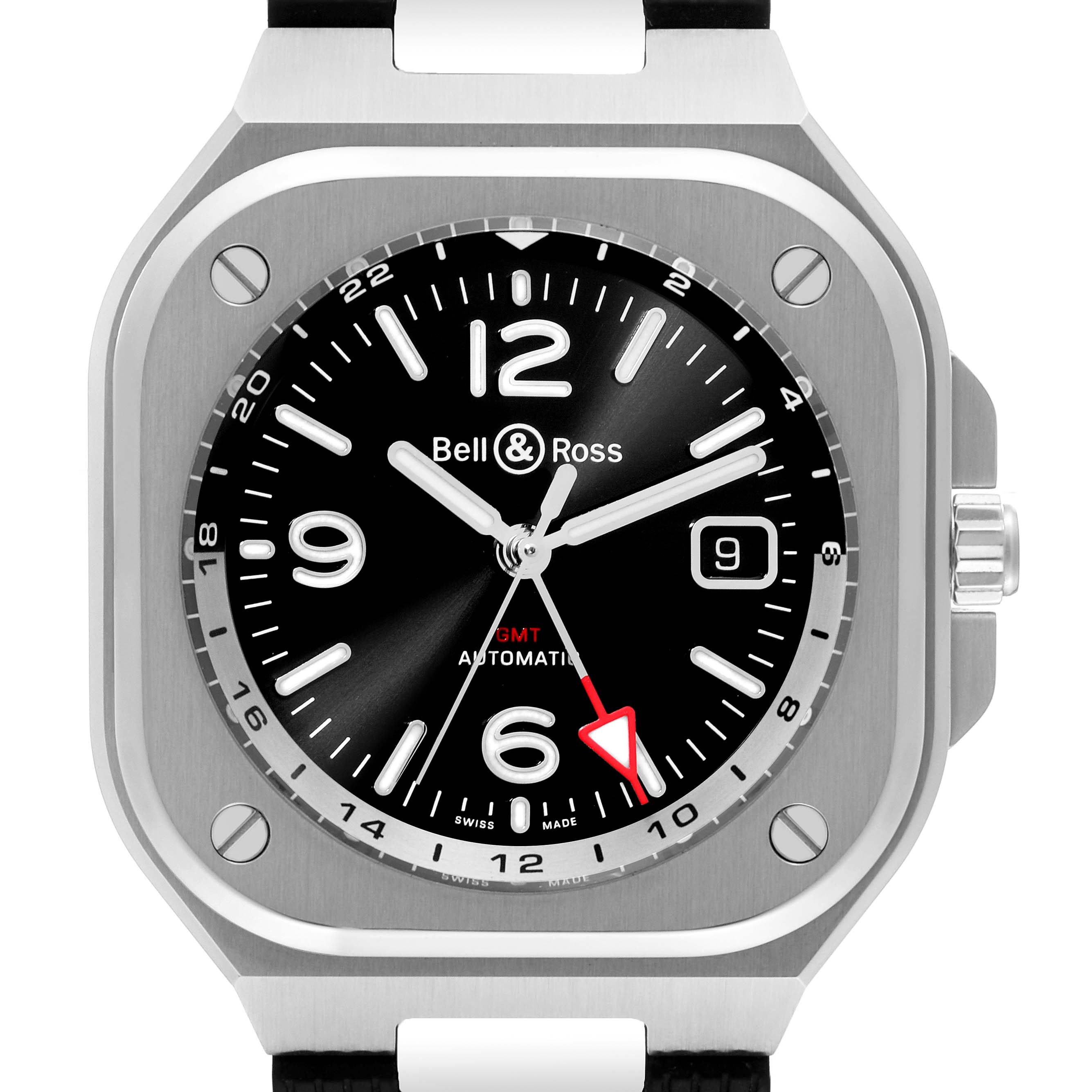 The image shows a front view of the Bell 
Ross Urban BR05G-BL-ST/SRB Men
s Stainless Steel Black Dial BR05G-BL-ST/SRB Men
s Stainless Steel Black Dial model watch, displaying its face, numerals, hands, and crown.