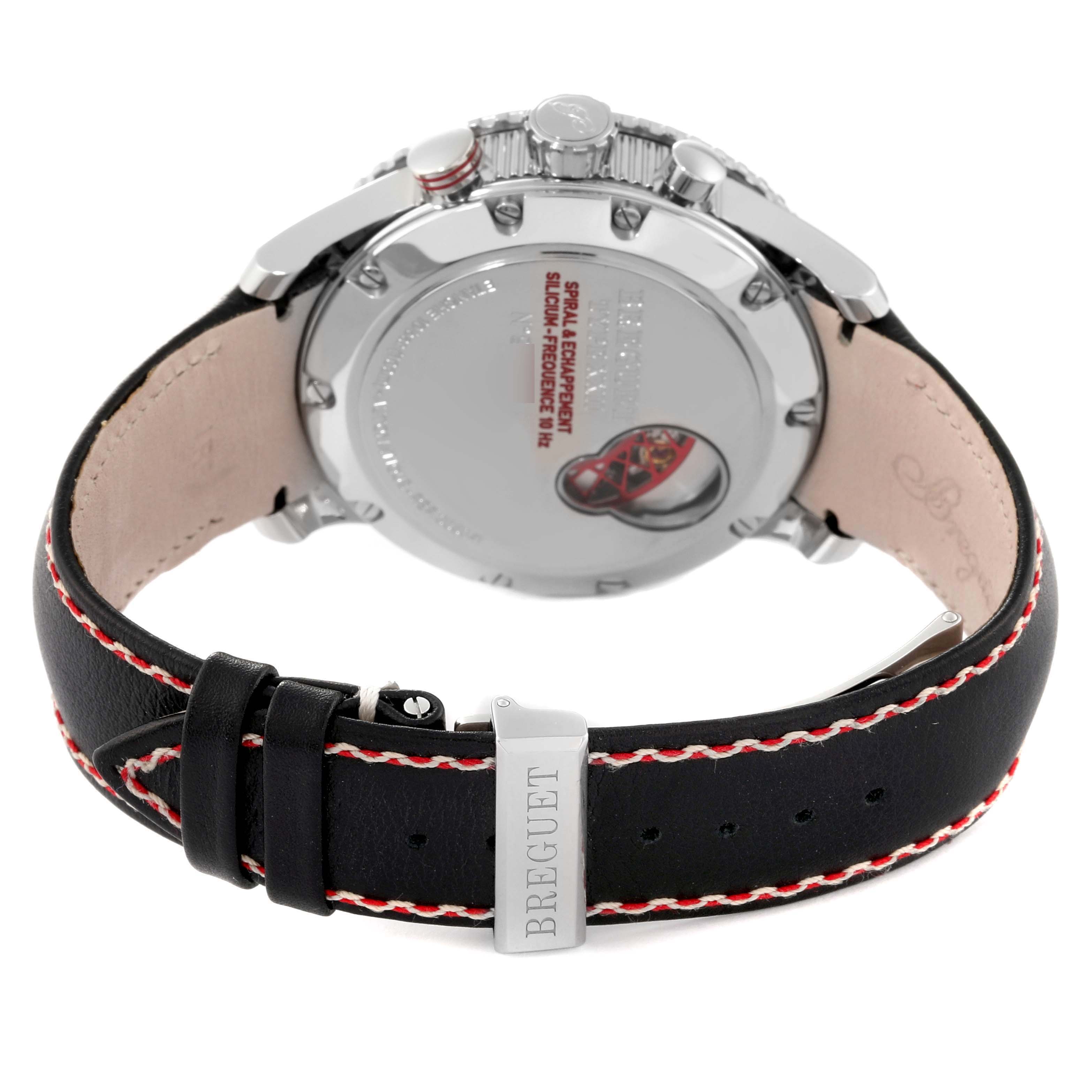 The image shows the back of a Breguet Type XX - XXI - XXII 61688 Men's Stainless Steel Black Dial 61688 Men's Stainless Steel Black Dial watch, highlighting the case back and leather strap with stitching.