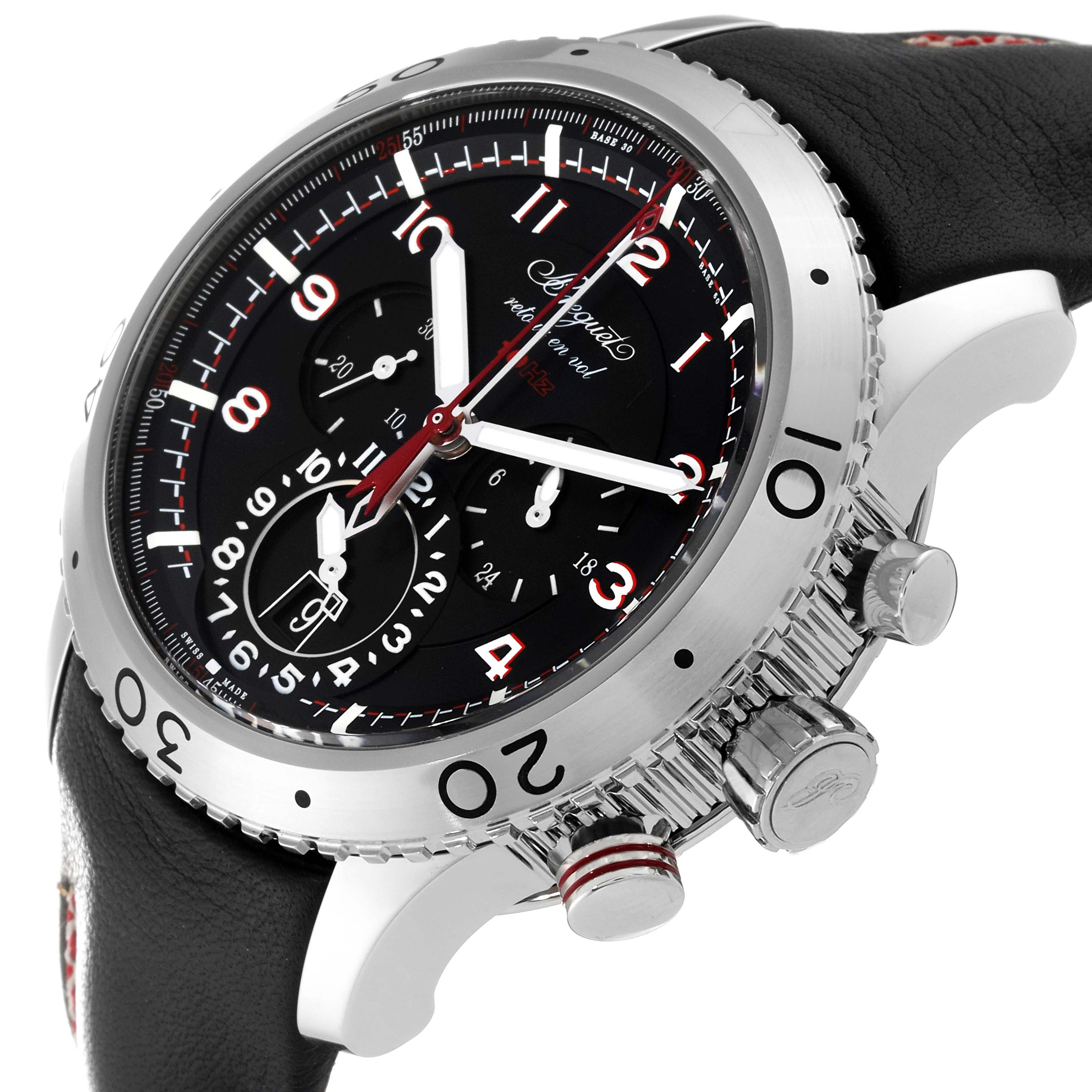 The image shows a side angle of the Breguet Type XX - XXI - XXII 61688 Men's Stainless Steel Black Dial 61688 Men's Stainless Steel Black Dial watch displaying the dial, bezel, crown, and pushers.