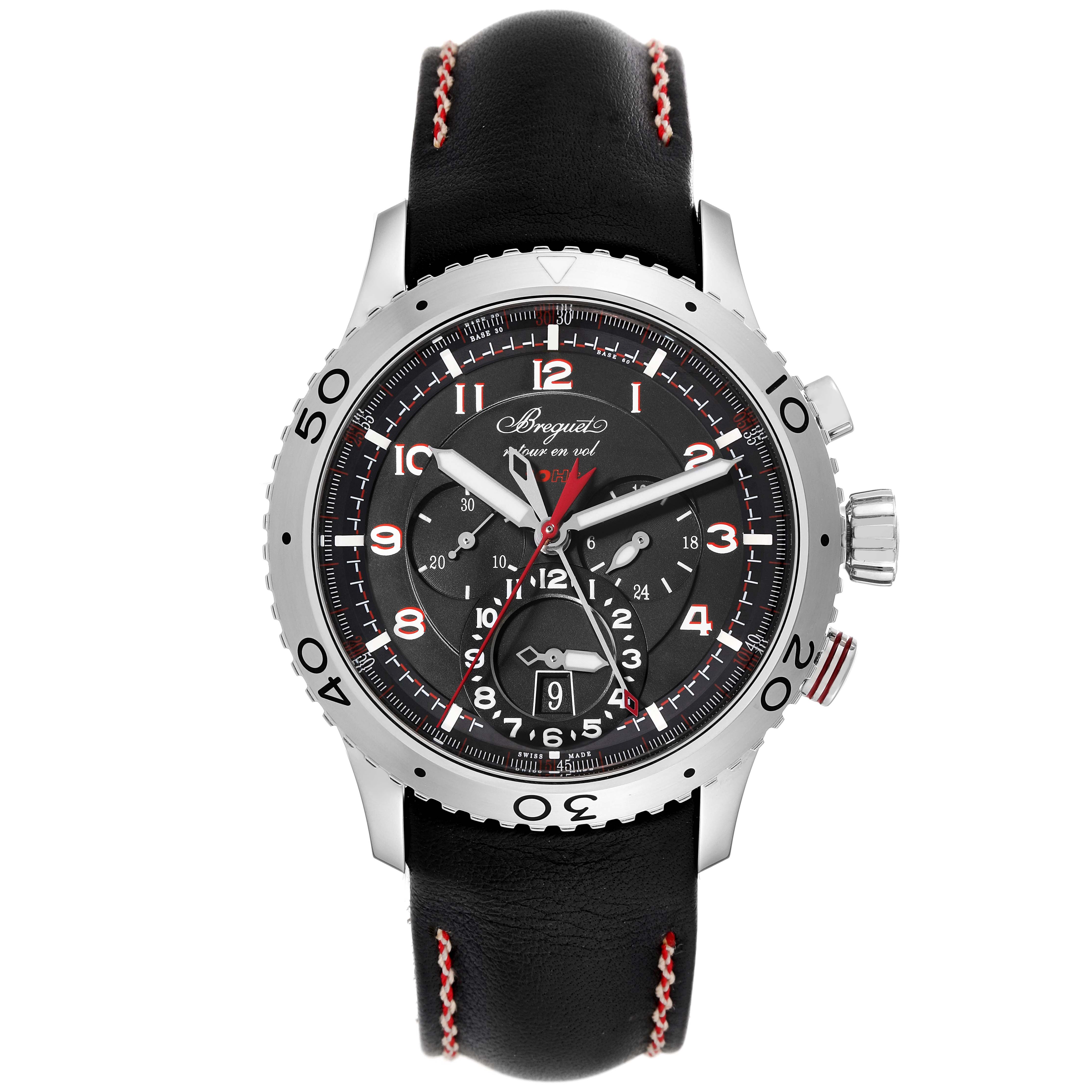 The image shows a frontal view of a Breguet Type XX - XXI - XXII 61688 Men's Stainless Steel Black Dial 61688 Men's Stainless Steel Black Dial watch with a black dial and strap, silver case, and red accents.