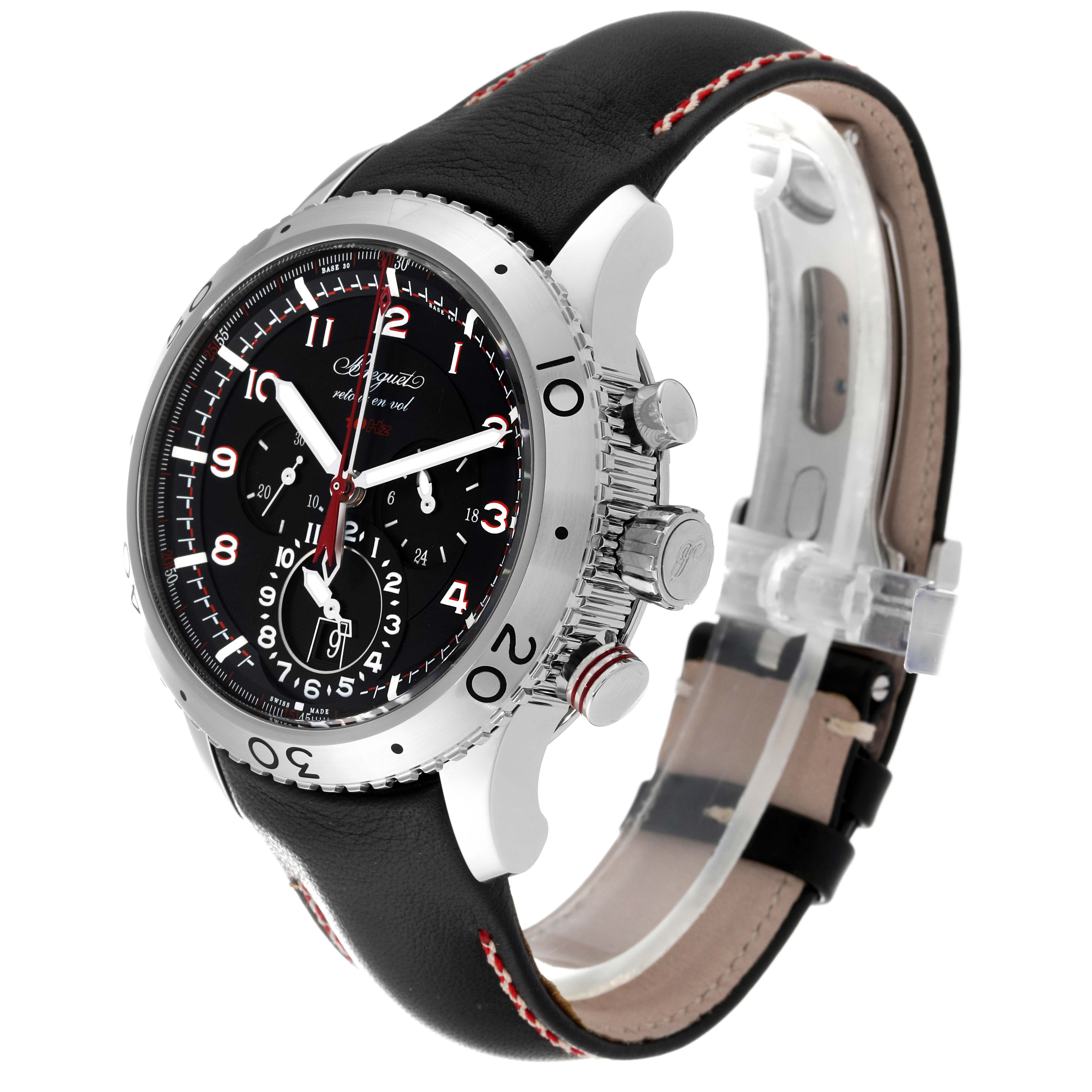 The image shows a side-angle view of the Breguet Type XX - XXI - XXII 61688 Men's Stainless Steel Black Dial 61688 Men's Stainless Steel Black Dial watch, highlighting its black dial, bezel, and leather strap.