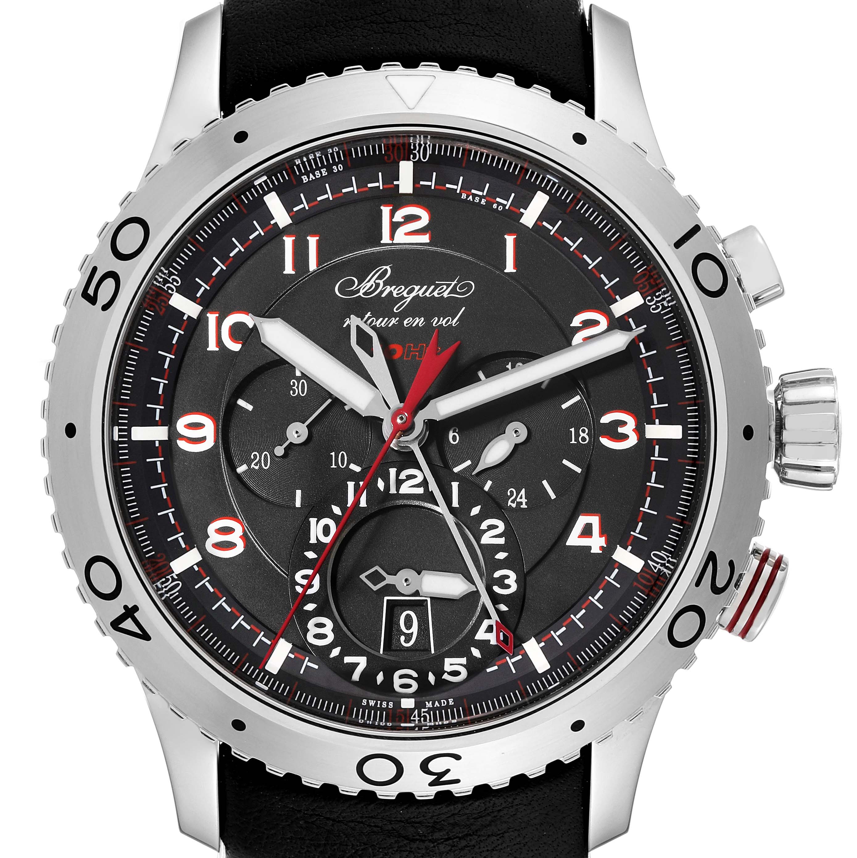 The Breguet Type XX - XXI - XXII 61688 Men's Stainless Steel Black Dial 61688 Men's Stainless Steel Black Dial watch is shown from a front view, highlighting its dial, bezel, hands, and crown.