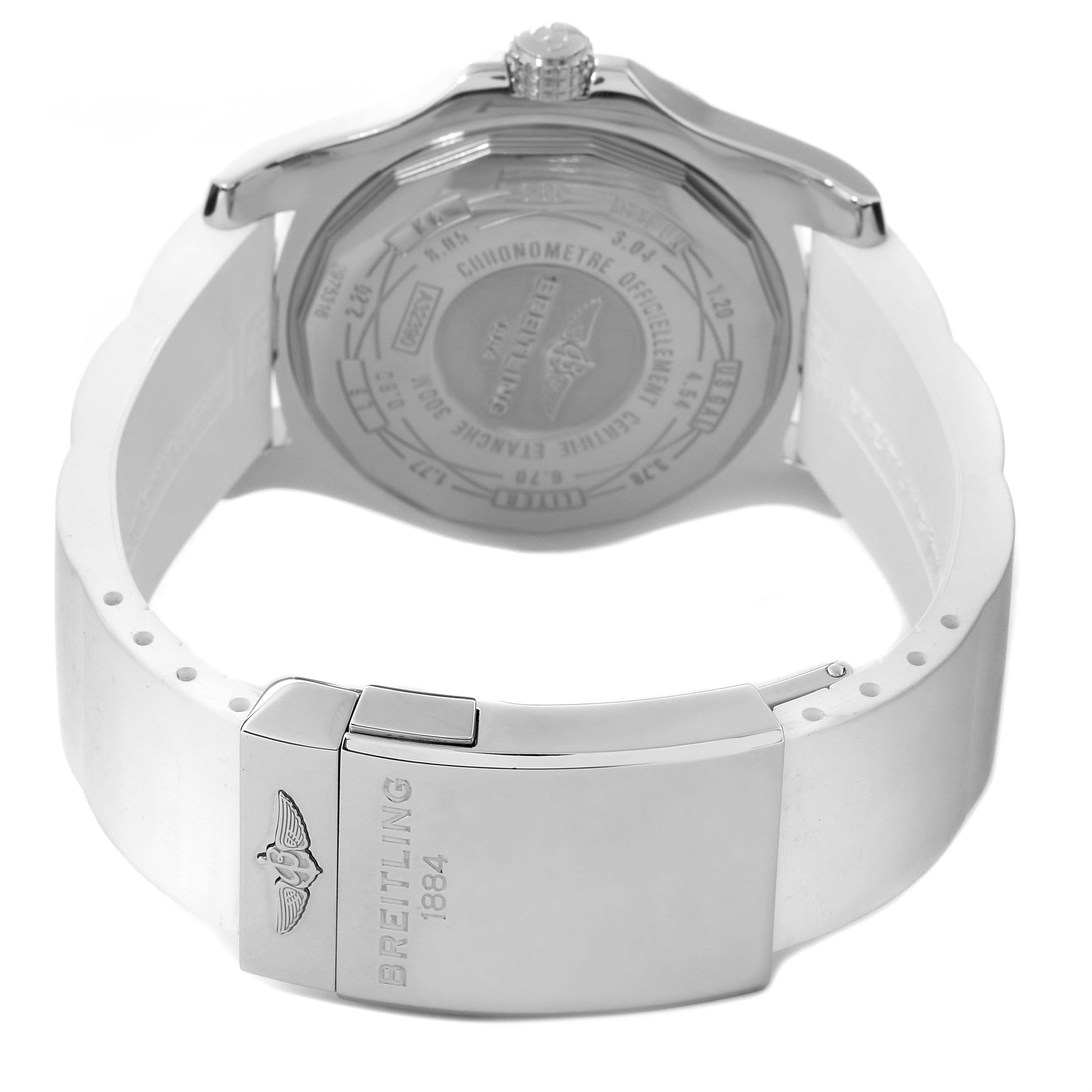 The image shows the back of a Breitling Avenger A3239011/C930 Men's Stainless Steel Mother of Pearl Dial A3239011/C930 Men's Stainless Steel Mother of Pearl Dial watch, focusing on the case back and white strap with clasp.