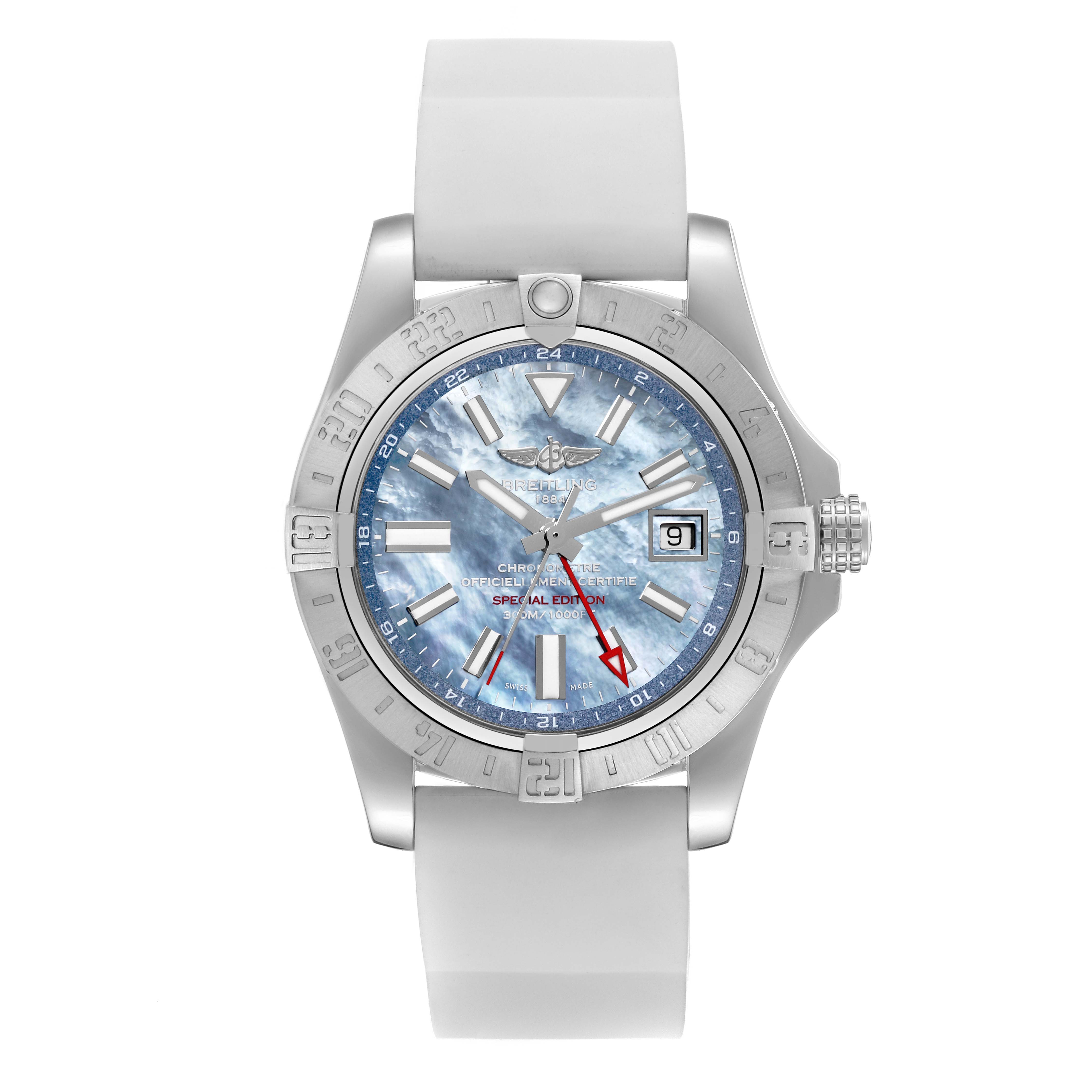 The image shows a front view of a Breitling Avenger A3239011/C930 Men's Stainless Steel Mother of Pearl Dial A3239011/C930 Men's Stainless Steel Mother of Pearl Dial watch featuring a light blue dial and white strap.