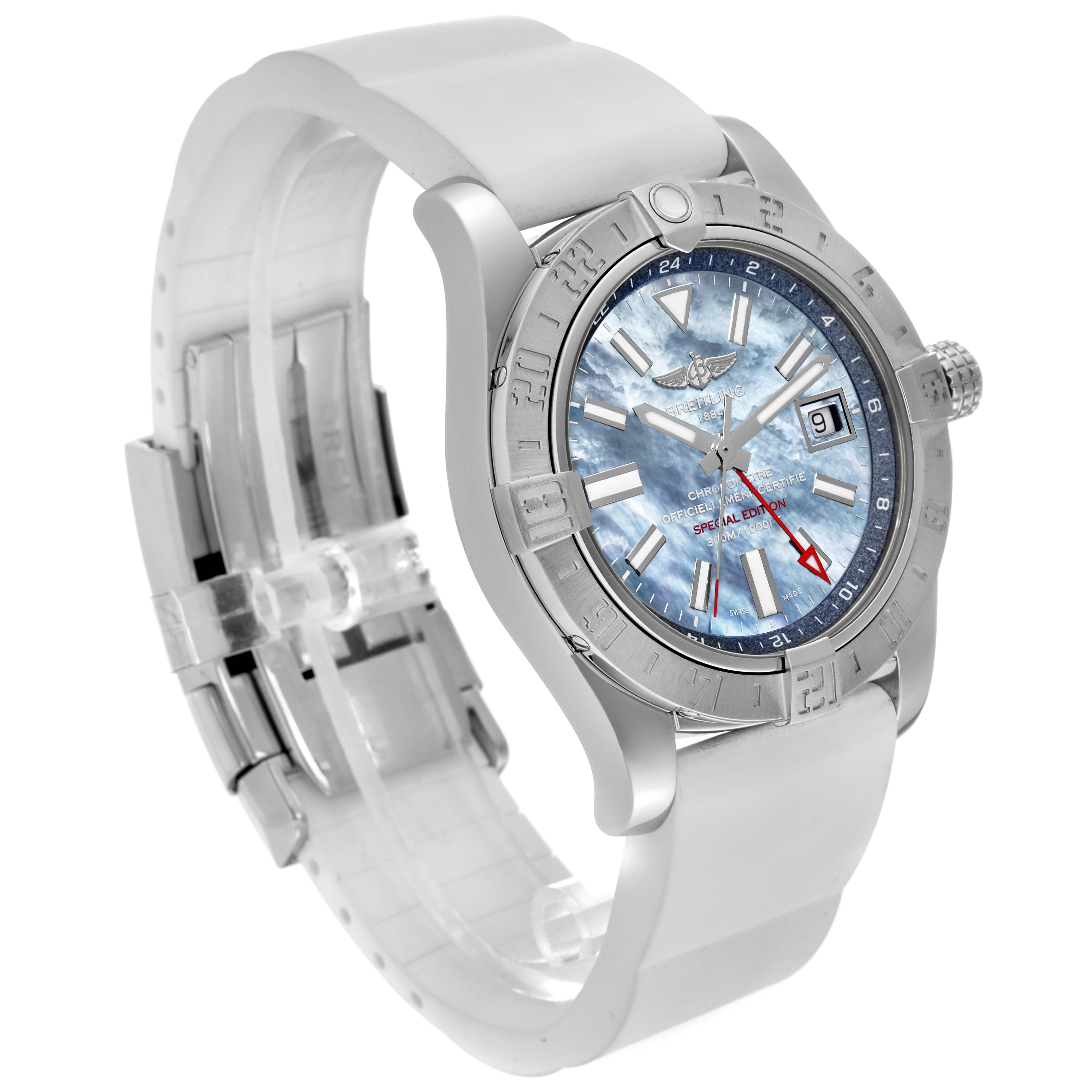 The image shows a side angle view of the Breitling Avenger A3239011/C930 Men's Stainless Steel Mother of Pearl Dial A3239011/C930 Men's Stainless Steel Mother of Pearl Dial watch, highlighting the watch face, bezel, strap, and clasp.