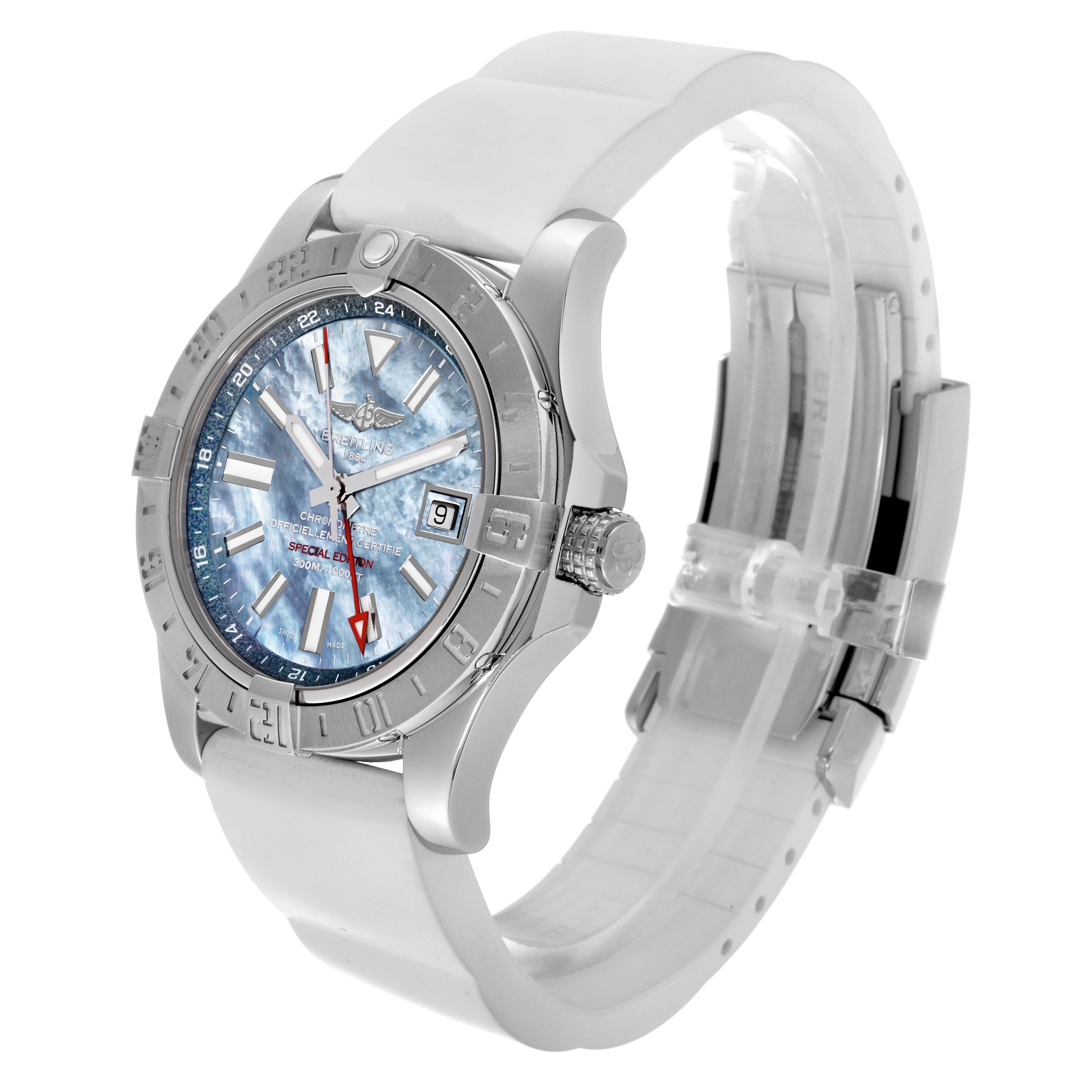 The Breitling Avenger A3239011/C930 Men's Stainless Steel Mother of Pearl Dial A3239011/C930 Men's Stainless Steel Mother of Pearl Dial watch is shown at a three-quarter angle, highlighting its case, bezel, dial, crown, and white strap.