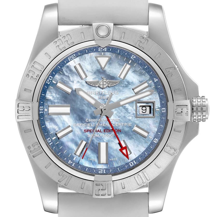 The image shows a frontal view of the Breitling Avenger watch, highlighting the dial, bezel, and date window.