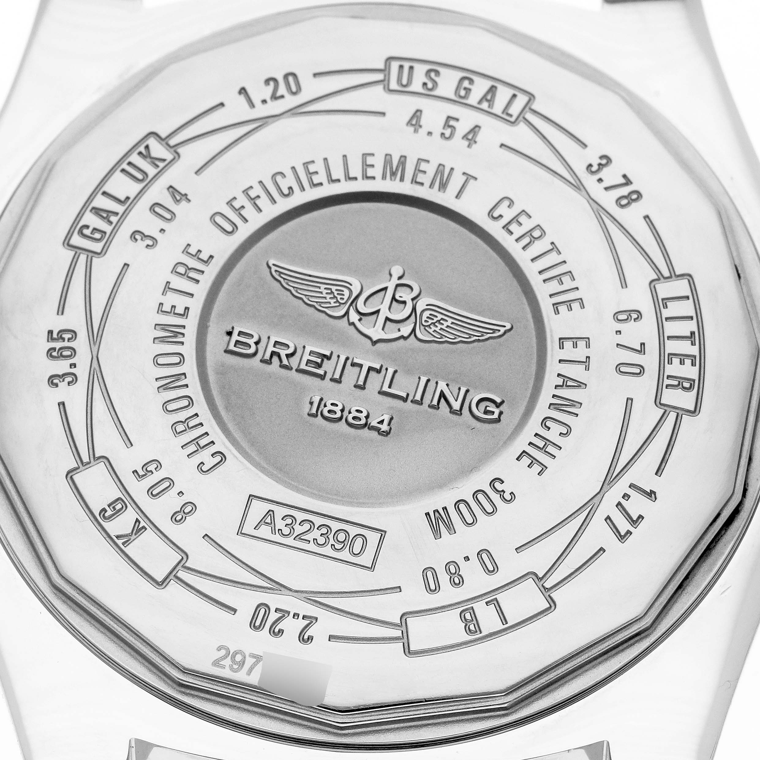 The image shows the case back of a Breitling Avenger A3239011/C930 Men's Stainless Steel Mother of Pearl Dial A3239011/C930 Men's Stainless Steel Mother of Pearl Dial watch at a close-up angle.