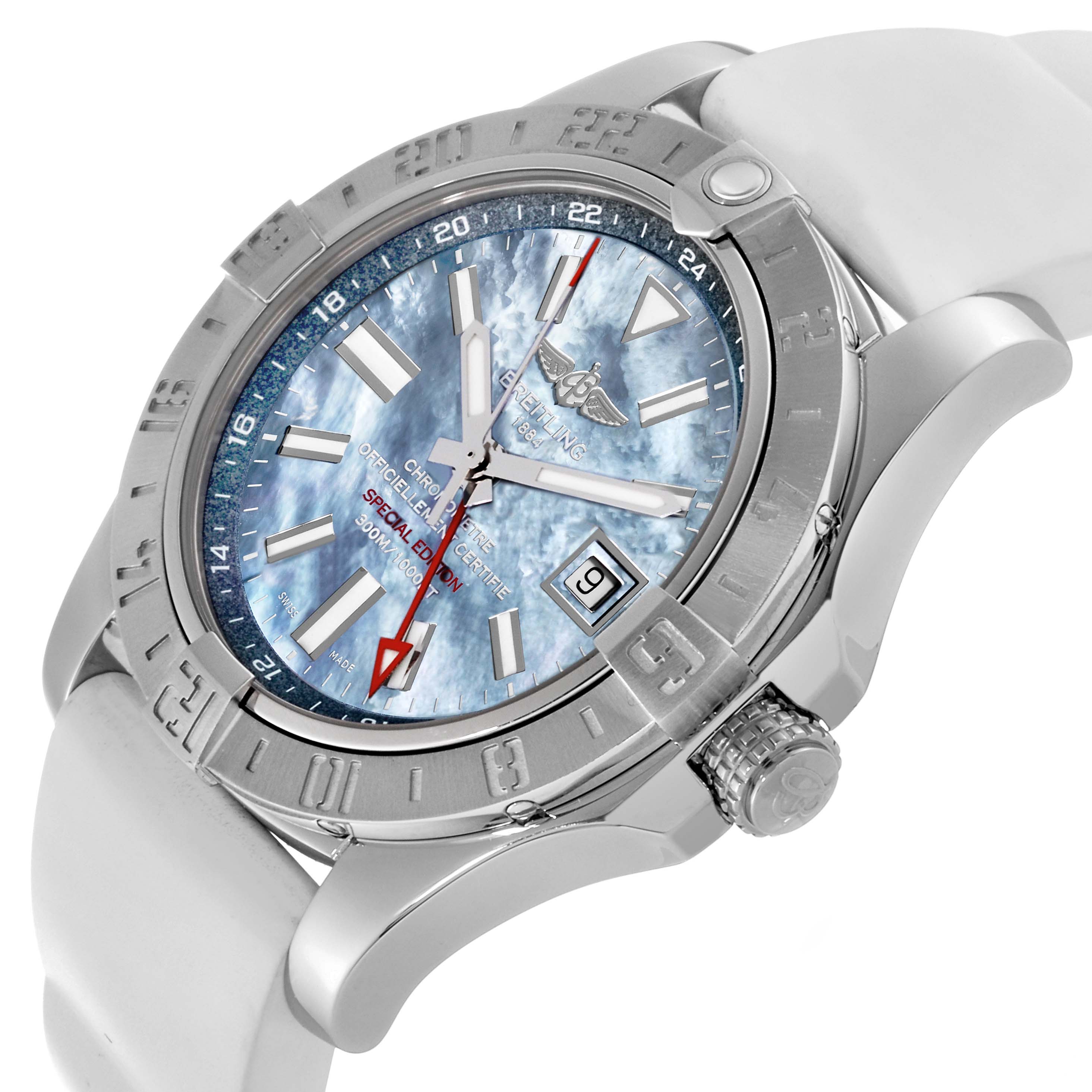 The Breitling Avenger A3239011/C930 Men's Stainless Steel Mother of Pearl Dial A3239011/C930 Men's Stainless Steel Mother of Pearl Dial watch is shown at an angle highlighting its bezel, dial, date window, and crown.